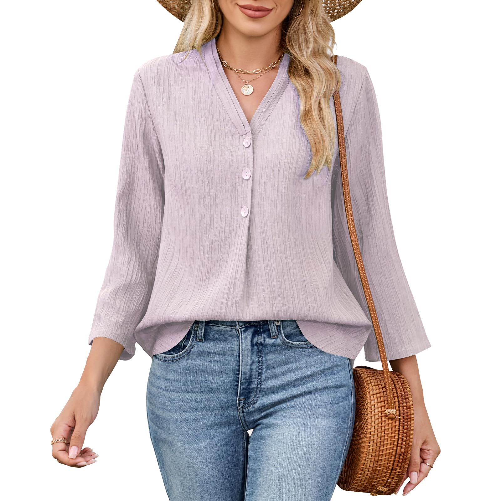 Damen Oberteile 3/4 Arm Blusen Sommer Elegant V-Ausschnitt Shirt Basic Tunika Solide Tops Freizeit Tshirt