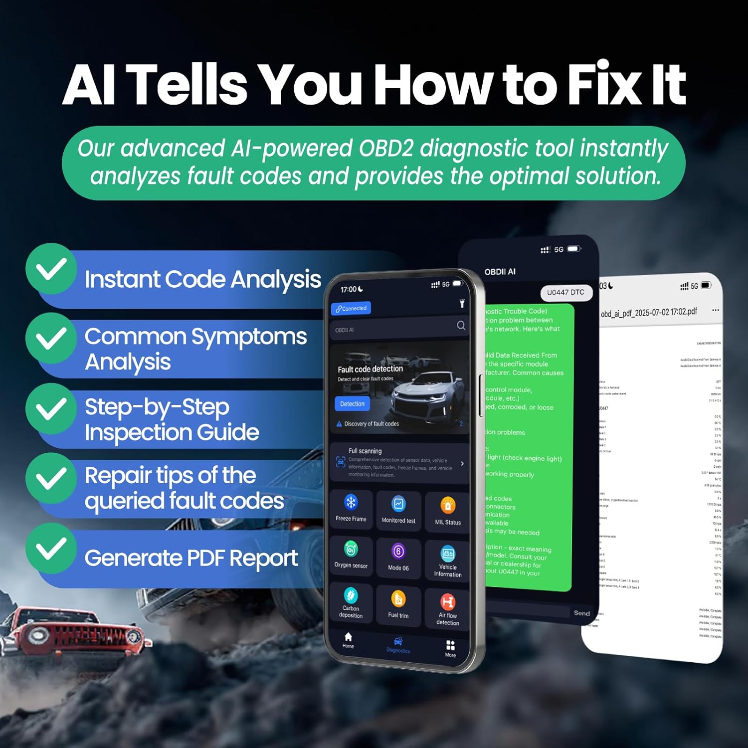 Bluetooth OBD2 Scanner Diagnostic Tool with AI Repair Guides, Wireless OBDII Scan Tool w/Battery Test & Live Data Readiness, Check Engine Light Car Code Reader for iOS & Android w/Free APP