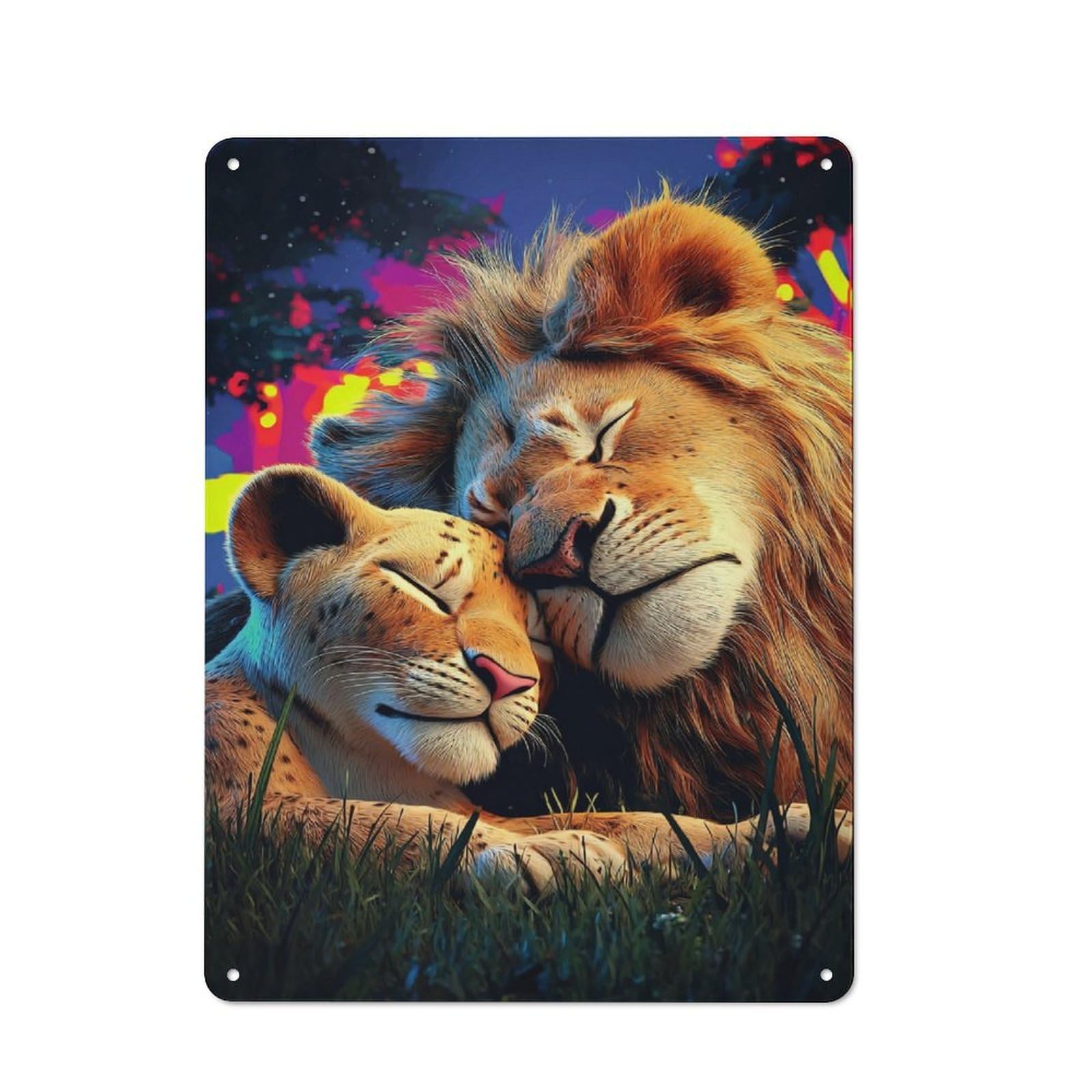 Junmoney Sleeping Lions In Vibrant Colors -1 Retro Metal Sign With Design 40X30cm, Distressed Look Retro Room Decor For Living Room, Hallway, Kitchen Or Cafe
