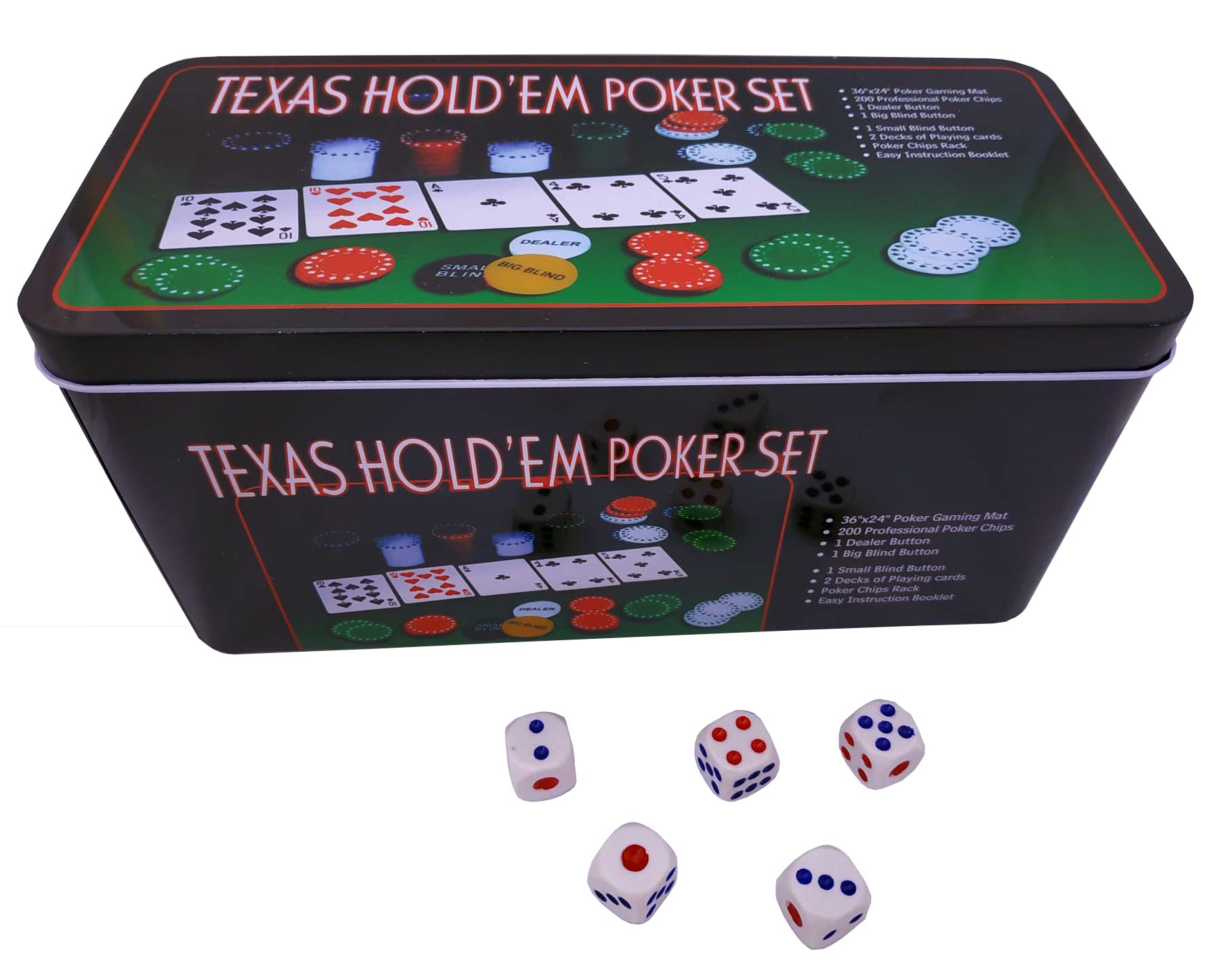 Rock and Baby Juego de Póker/Blackjack en Caja de Metal - 2 Barajas, 200 Fichas, Dados, Ficha Dealer, Ciega Pequeña, Ciega Grande, Tapete de Juego