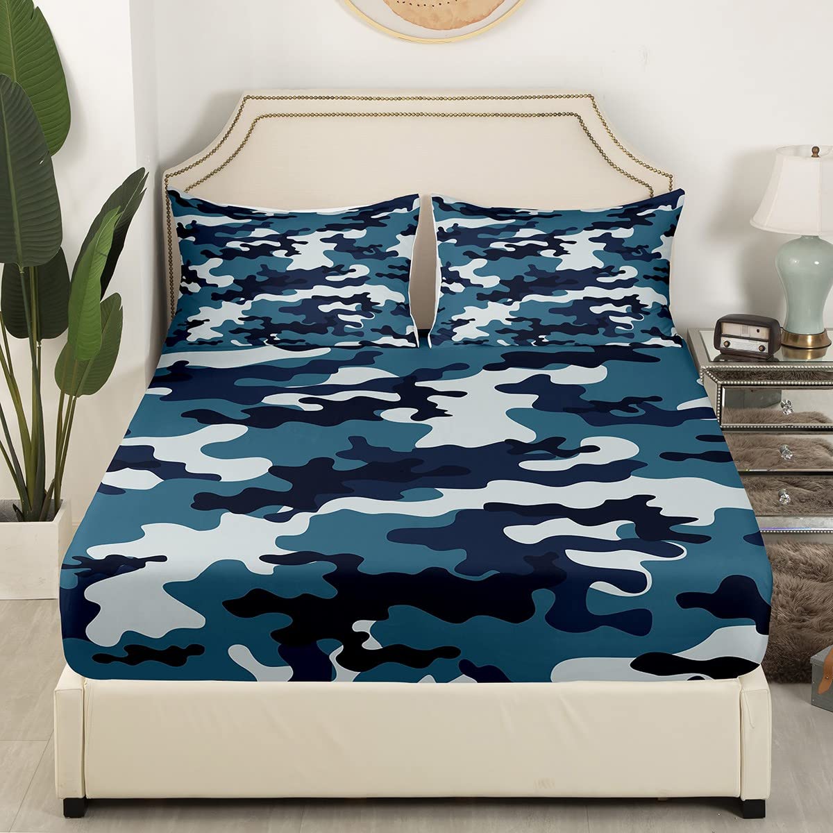 Navy Blue Camouflage Fitted Sheet Queen Size Soldier Blue Black Bedding Set 3pcs for Kids Boys Teens Men Bedroom Modern Abstract Camouflage Deep Pocket Sheet Ocean Camo Bed Sheet,2 Pillowcases