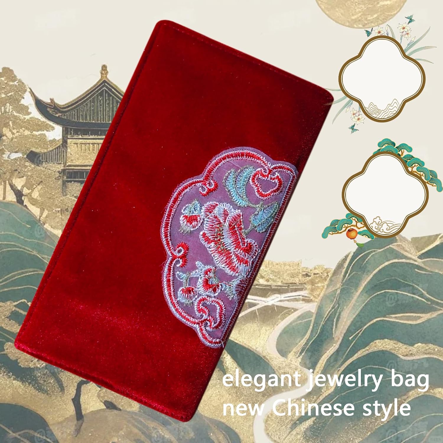 Jewelry Roll Embroidery Flower Travel Jewelry Bag Soft & Lightweight Jewelry Book Box Elegant Purse with Magnet Opening for Ring, Necklace, Earrings Short Trip