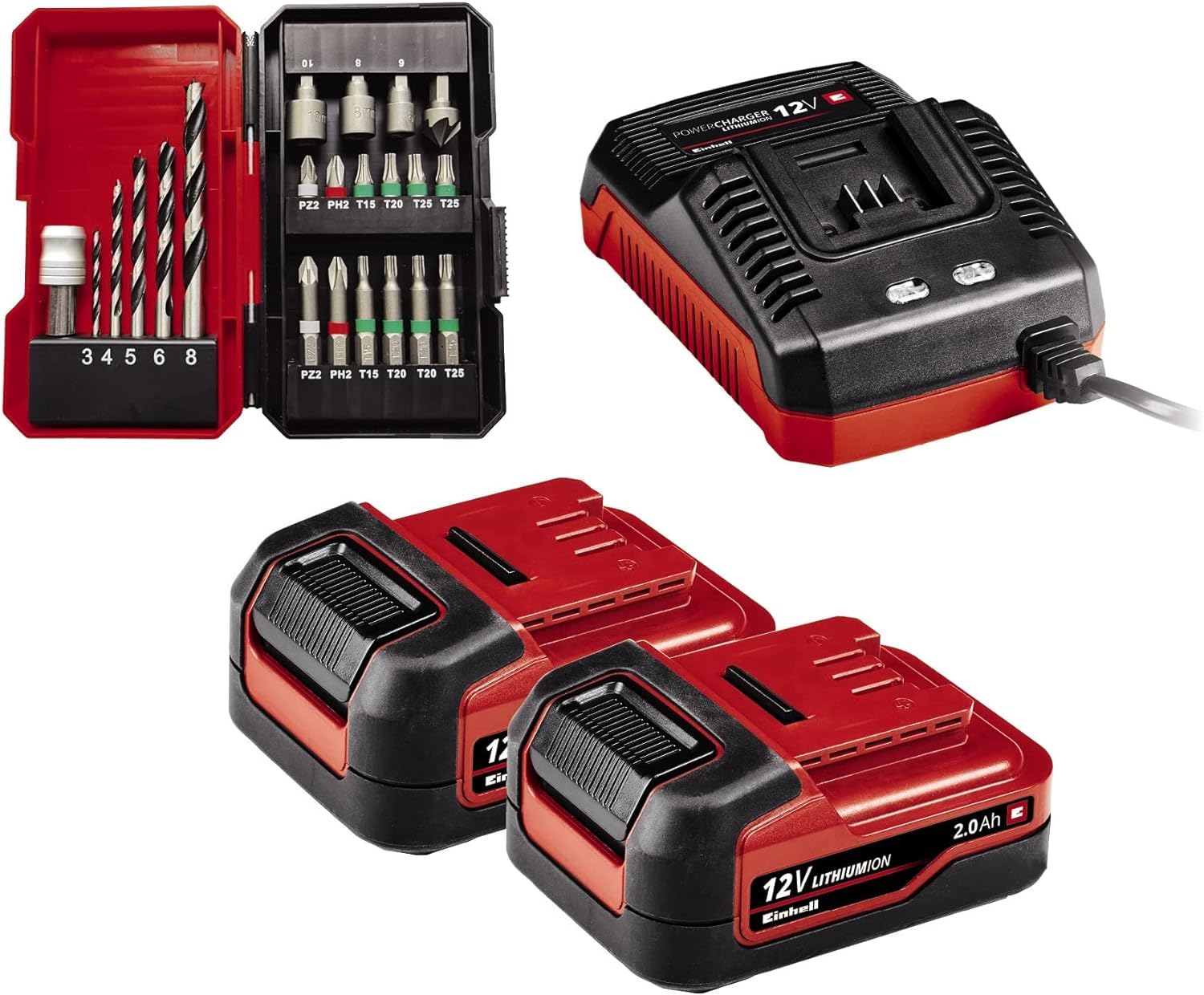 Einhell Akumulatorowa wiertarko-wkrętarka TE-CD 12/1 Li +22+CL (Li-Ion, 12V, maks. 30 Nm, 2-bieg. przekładnia, w tym 2 x akumulator 2,0 Ah, ładowarka, 22 cz. zestaw bit/wiertło, lampa akumulatorowa)