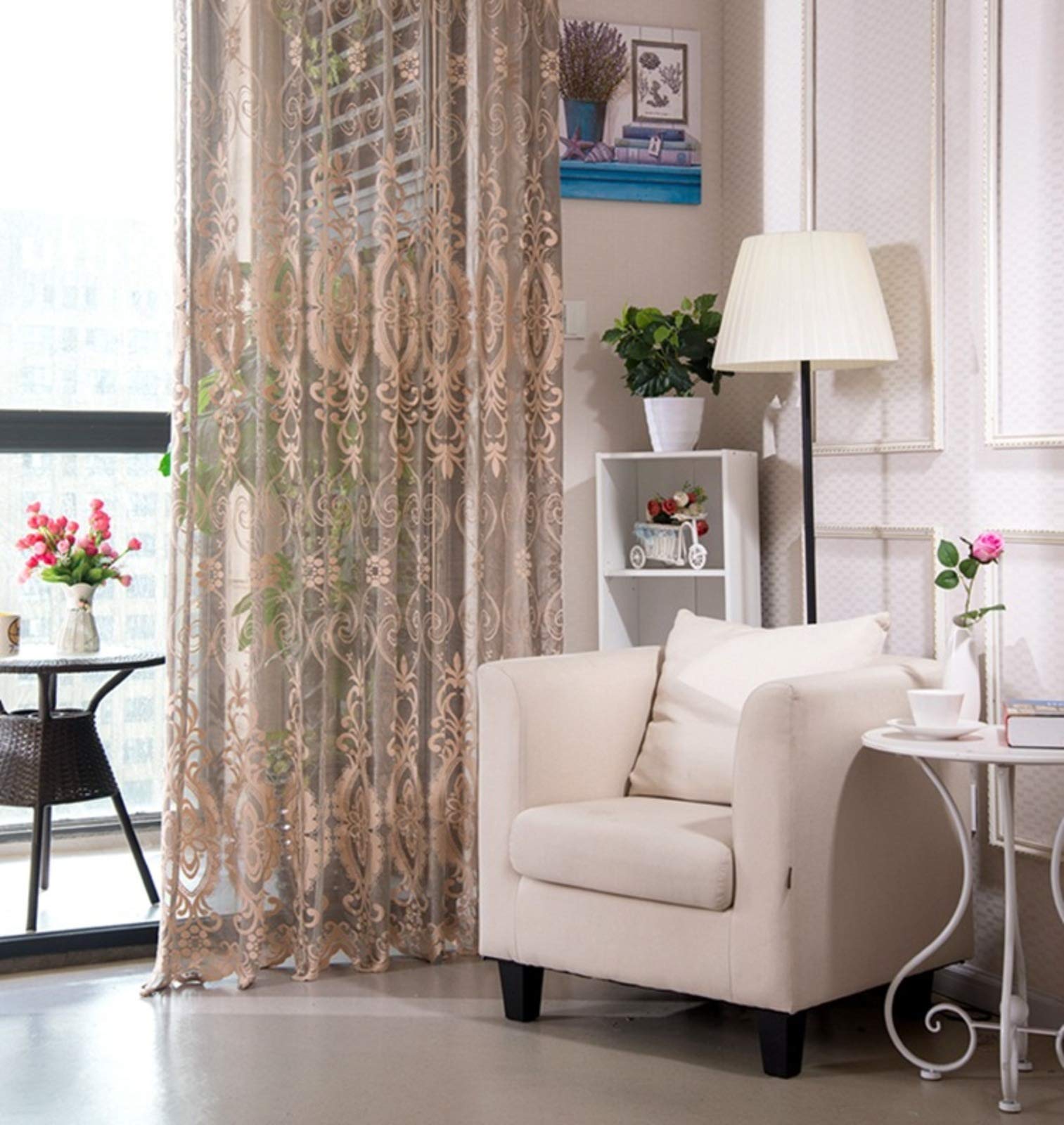 Eleganckie bawełniane zasłony żeglarskie, dekoracyjne zasłony tiulowe, salon, sypialnia, balkon, żakardowe, przezroczyste zasłony, przelotki, kolor curry, 350 x 270 cm, 1 szt