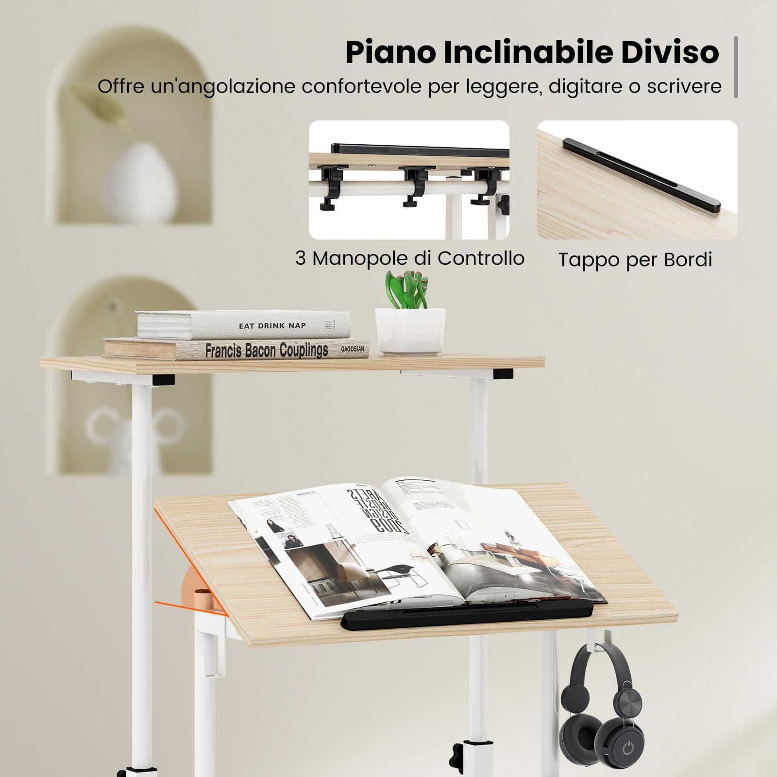 COSTWAY Scrivania per Computer Regolabile in Altezza, Postazione di Lavoro per Computer con Ruote e Ganci, Tavolo Porta PC per Studio e Ufficio, 60 x 60 x 72-124 cm (Naturale)