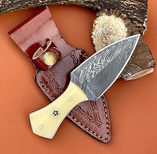 Handmade Damascus Mini Neck Knife EDC Small Fixed Blade Knife Double Edge Knife with Leather Sheath, Bone Handle 6 Inch 9031 - JNR Traders