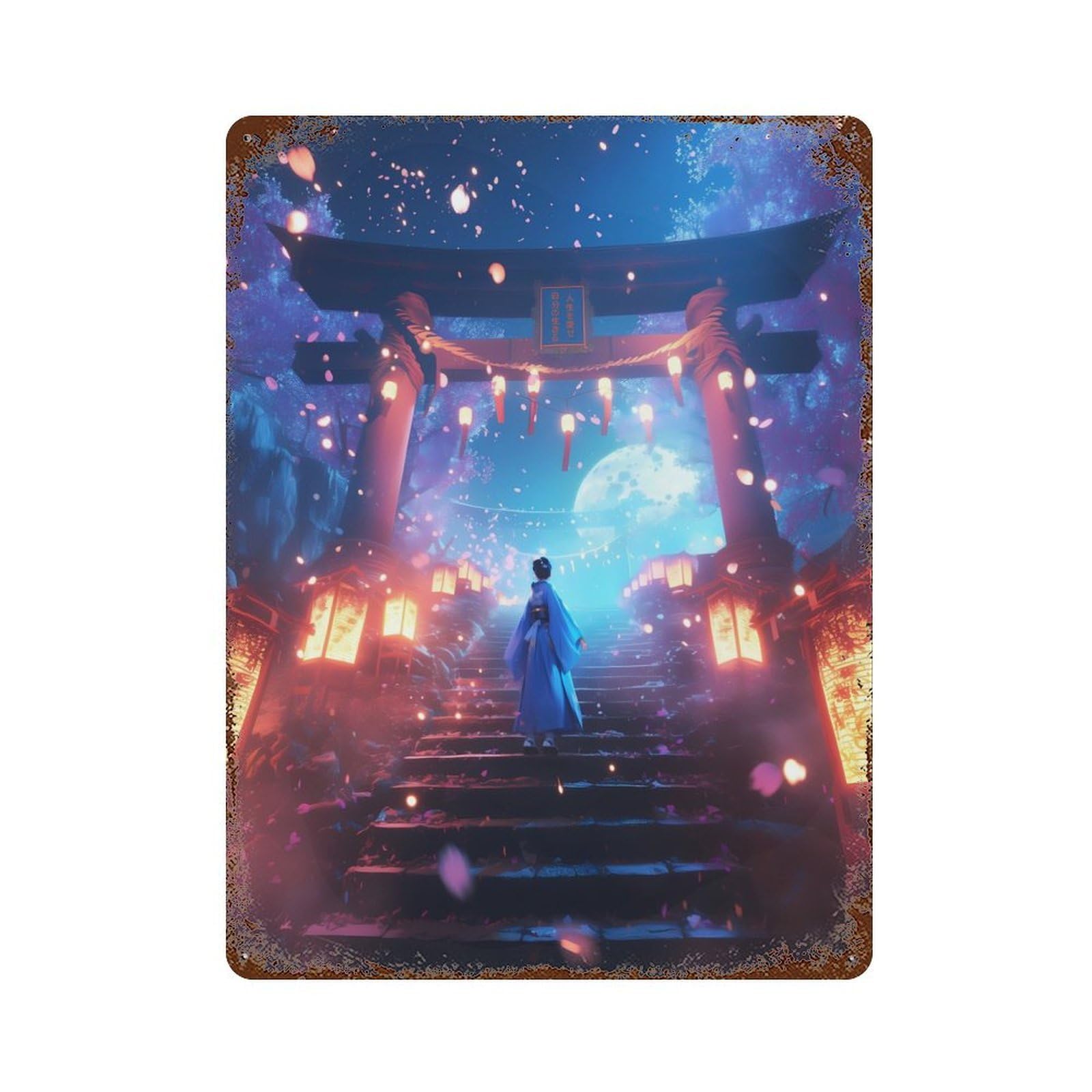 Retro Metal Sign Moonlit Geisha Torii Gate 15.7"x11.8", Retro Wall Decor for Living Room, Hallway And Home Decor
