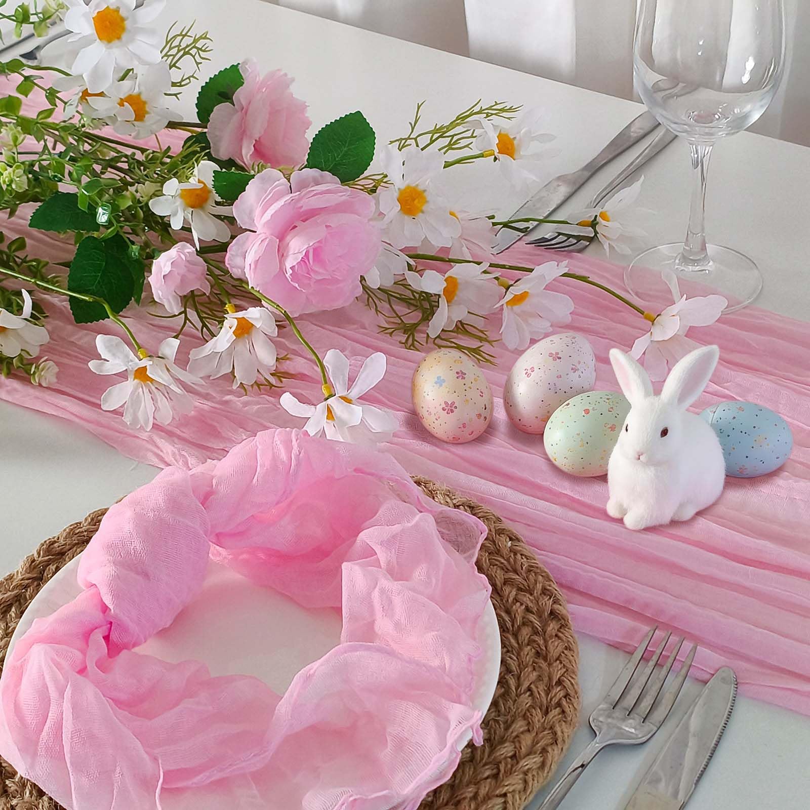 FuSenYuan Blush Pink Cheesecloth Table Runner 13 Ft and 12 Napkins, Rustic Gauze Table Runner with Napkins for Boho Wedding Bridal Baby Shower