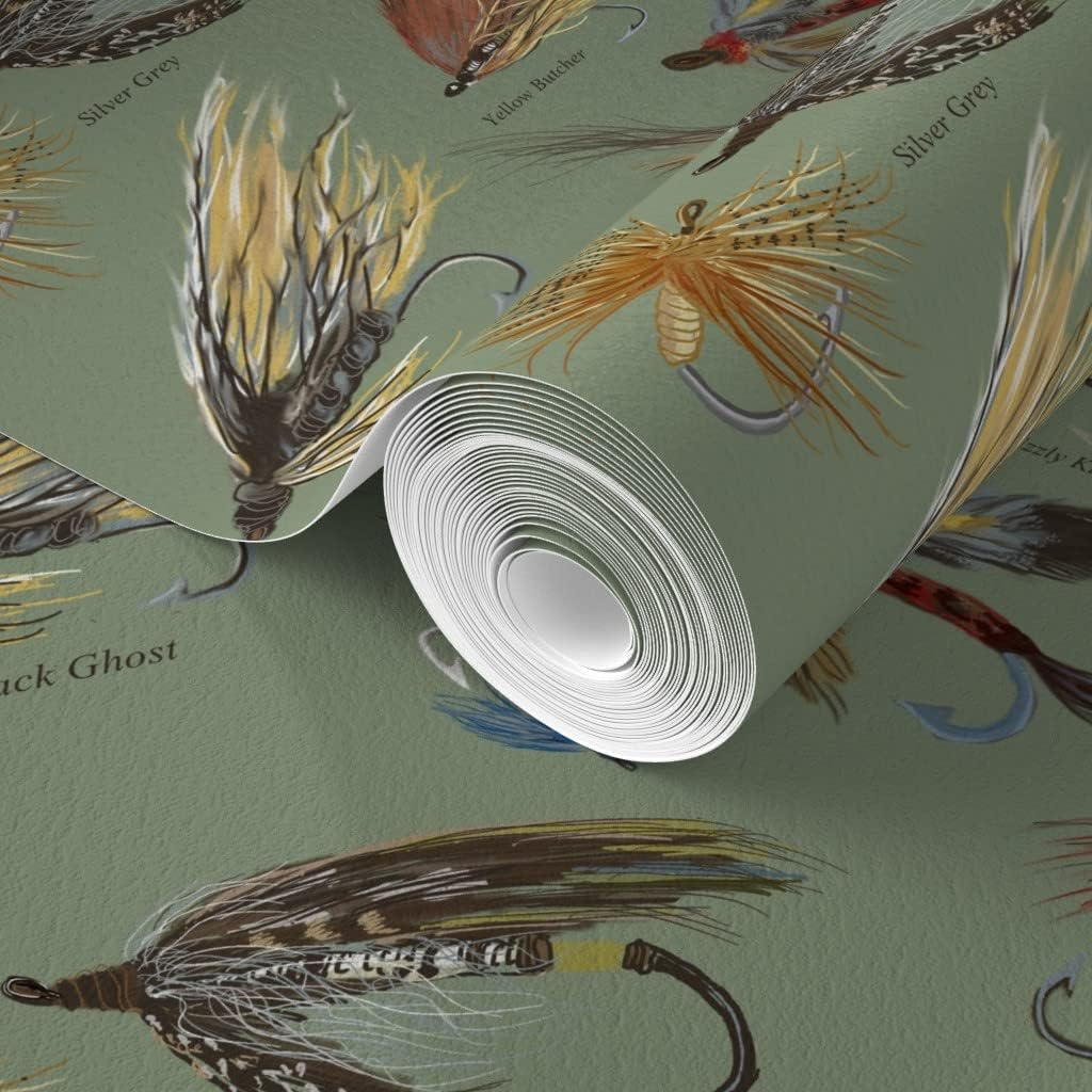 Spoonflower Commercial Grade Wallpaper Swatch - Fly Fishing Lures Man Cave Outdoors Men Olive Green Neutral Vintage Hand Recreation Red Traditional Wallpaper