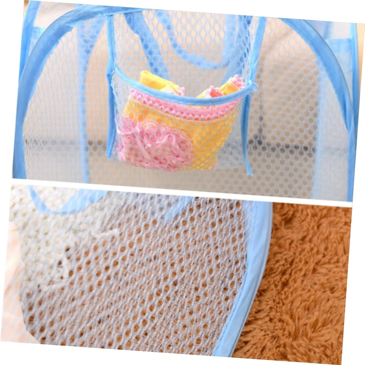 MAGICLULU Foldable Pop Up Laundry Hamper Mesh Basket with Side Pocket and Handles Breathable Clothes Storage for College Small Apartments Camping Sky Blue