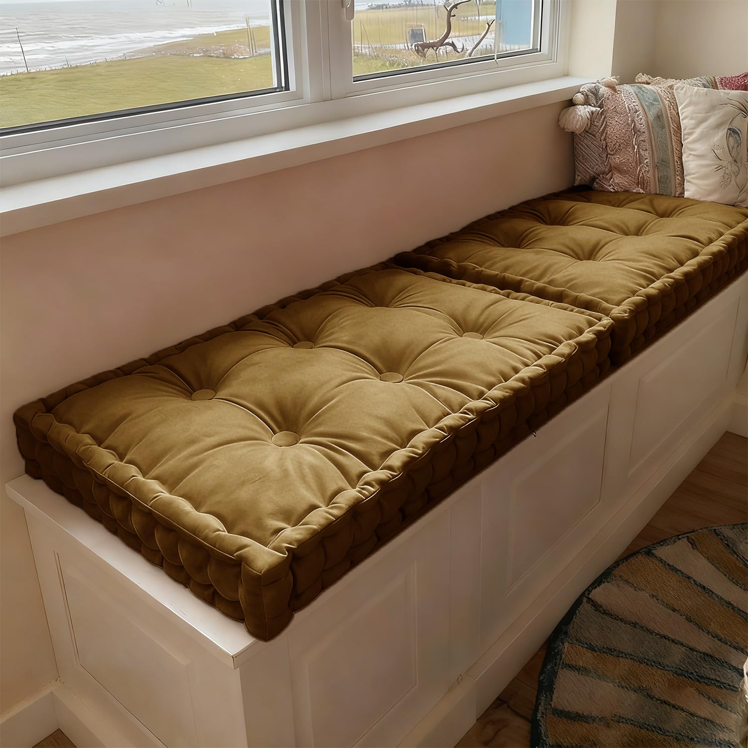 WLXFF Bench Cushion Indoor, Velvet Window Seat Cushions with Handle 10cm Thick Plush Windowsill Seat Cushion, Bay Window Cushion, Tufted Buttons Bench Seat pad for Piano, Dining Chairs,NO12,150x60cm