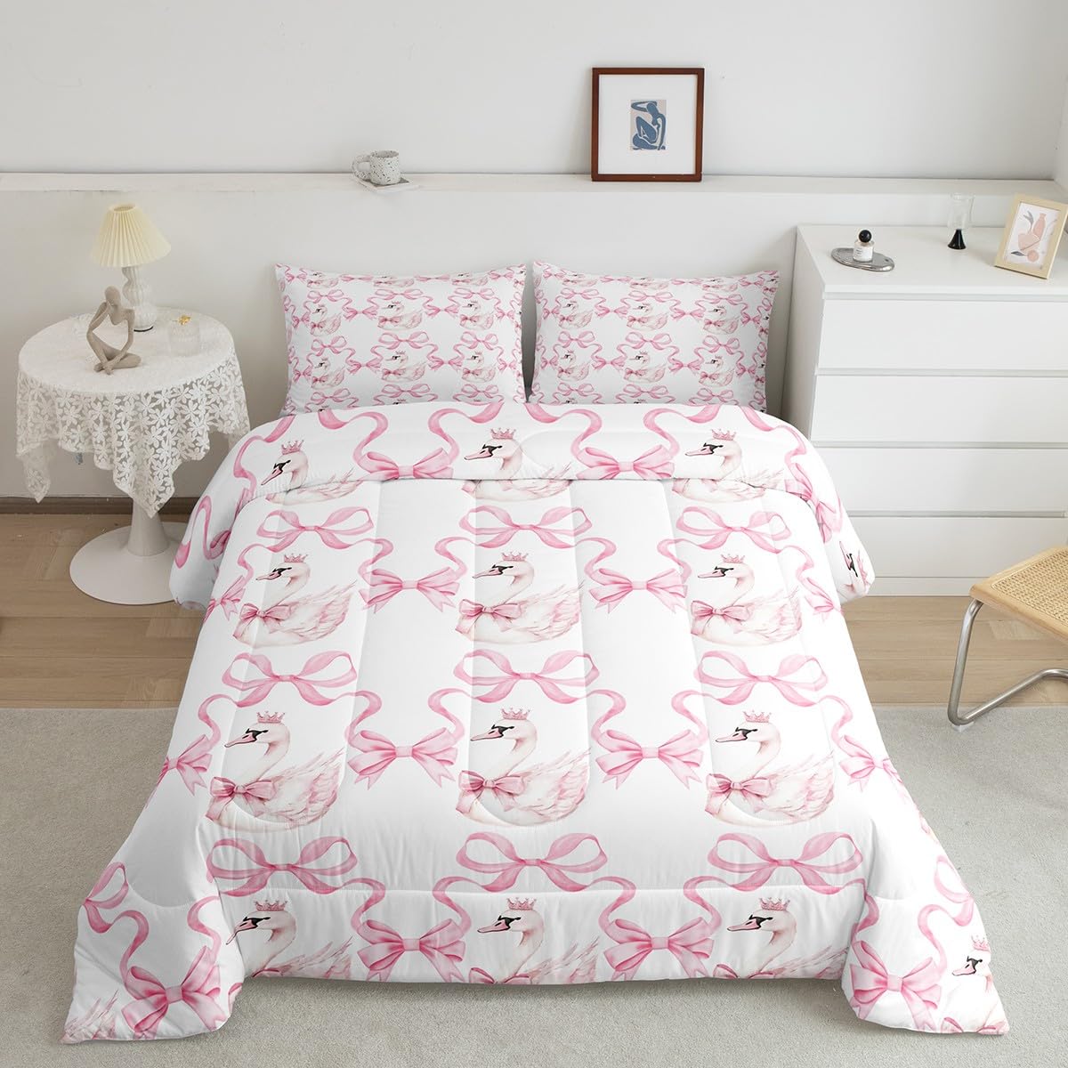 Feelingyou Baby Pink And White White Swan Comforter Set Double Size,Princess Crown Pink Bowknot Dreamy Bedding Set 3 Pcs For Teens Young,Watercolor Bow-Tie Ribbon Stripes Down Comforter,Pink White,2 Pillowcases