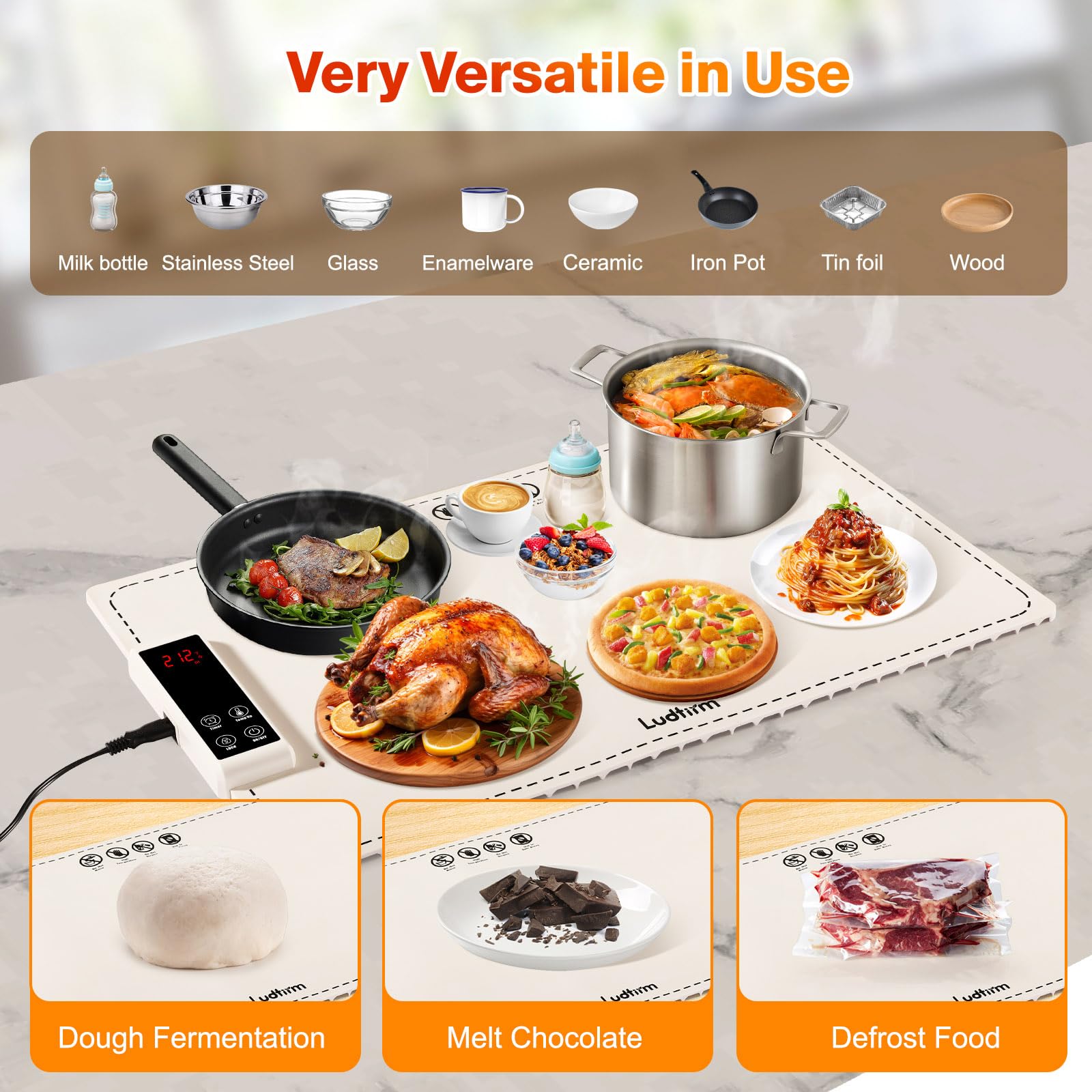 Warming Mat For Food, Graphene & Aluminum Foil Full Surface Heating Electric Tray 4 Safety Designs 6 Temperature 5 Timer Settings Food Warmers Parties Count