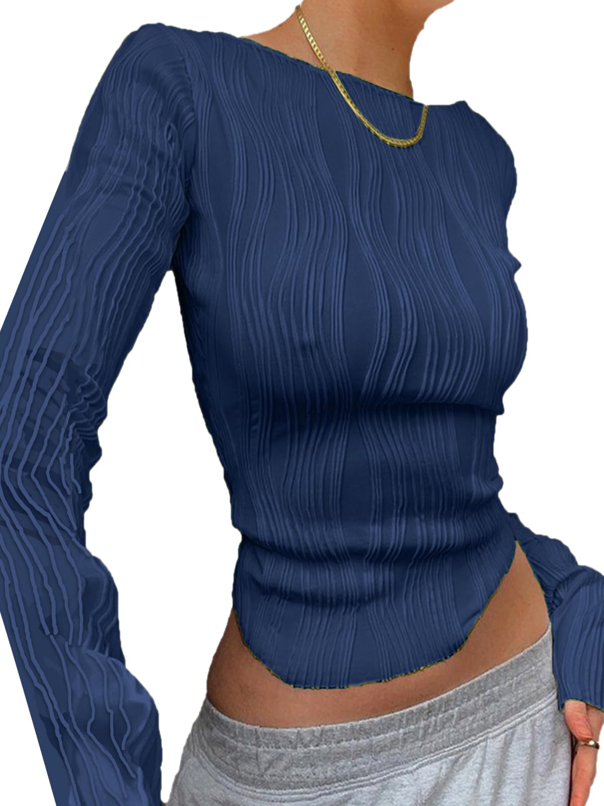 Women's Solid Long Sleeve Crop Top, Scoop Neck Fitted Asymmetrical Hem T-Shirt Tight Basic Tee