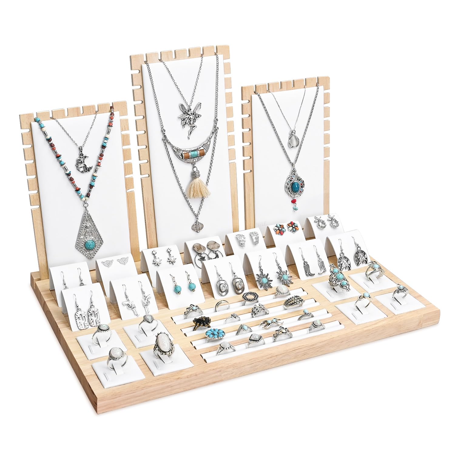 MOOCA Wooden Jewelry Display Stand Set - Versatile, Removable Organizer for Rings, Earrings, Necklaces & Pendants | Natural Wood Design with Faux Leather Trim, White Color