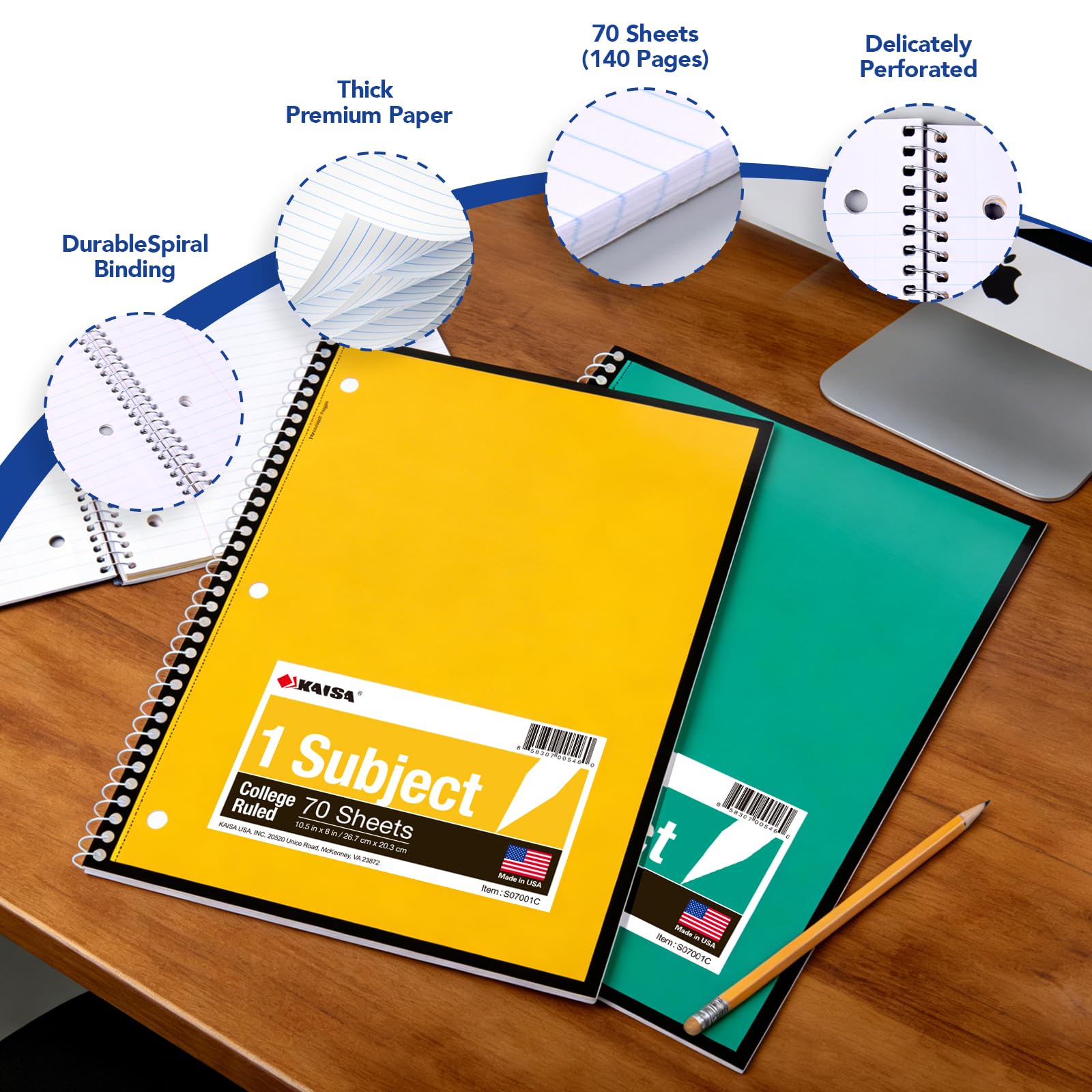 Kaisa Cahiers de notes à spirales, 70 feuilles, 10,5"x8" de largeur/lignées, livres de notes en papier, fournitures scolaires pour étudiants et personnel 1pack 1.5$/pc 1sub College