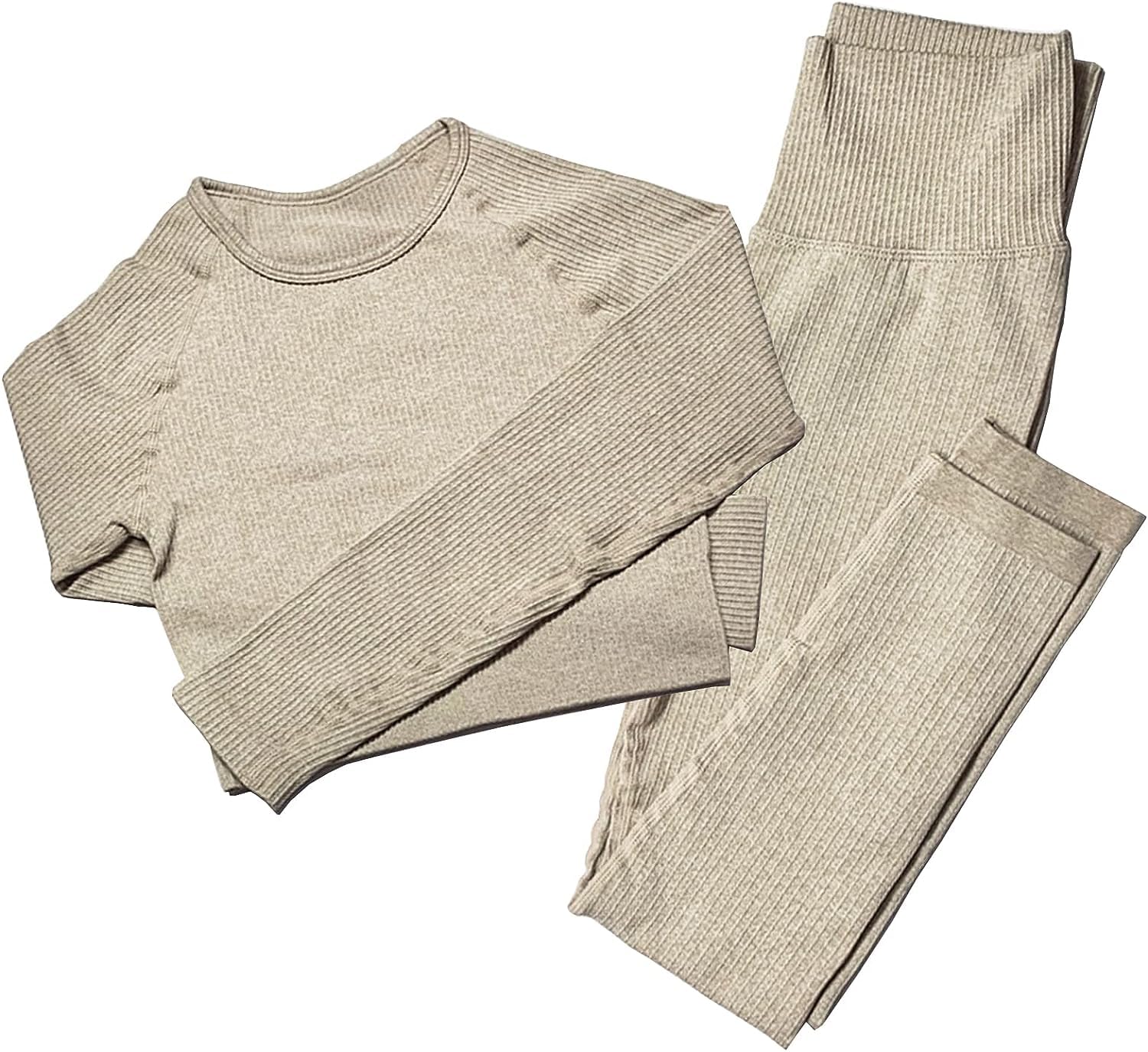 MAYROUNDSeamless Women's Yoga Sets 2 Pieces Ribbed Long Sleeve Top and High Waist Leggings Gym Clothing Set Women's Sportswear Set (Khaki, S-M), khaki, S-M