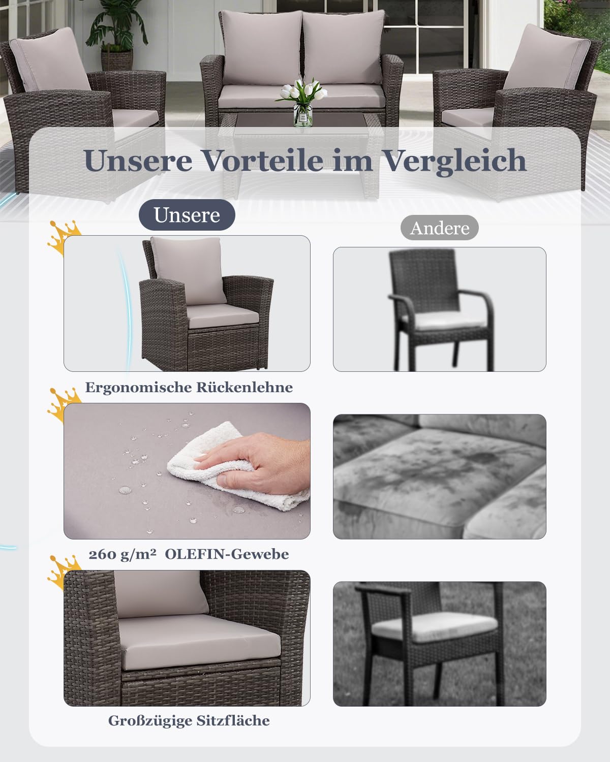Atenza Polyrattan Gartenmöbel Set 4-teilig, Balkonmöbel Lounge Sitzgruppe | Wetterfeste Terrassenmöbel für 4 Personen, Glastisch mit praktischem Stauraum, waschbare Kissenbezüge mit Reißverschluss