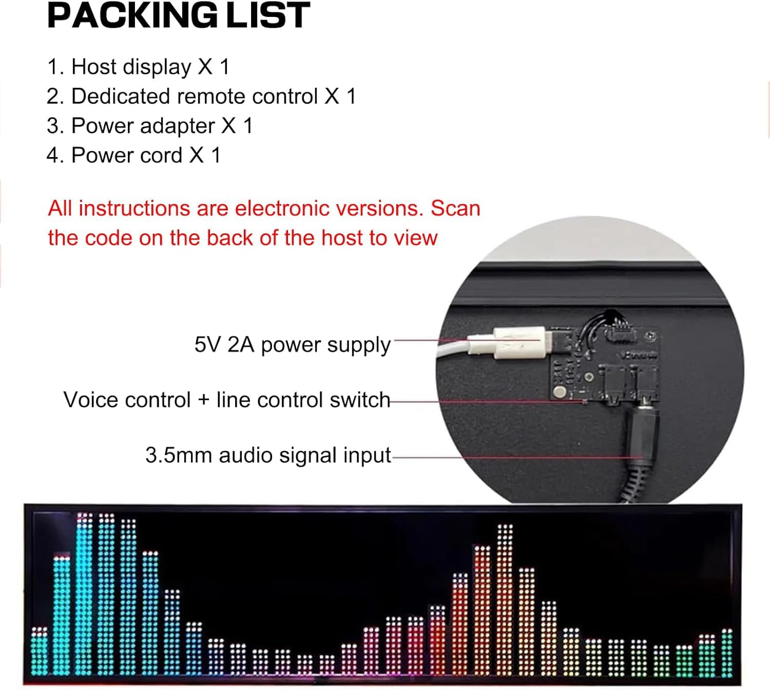 Analizator widma muzycznego Led, wskaźnik poziomu dźwięku Rgb, przełączany zegar cyfrowy - 36 stylów wyświetlania - sterowanie głosowe sterowanie linią do samochodu i studia