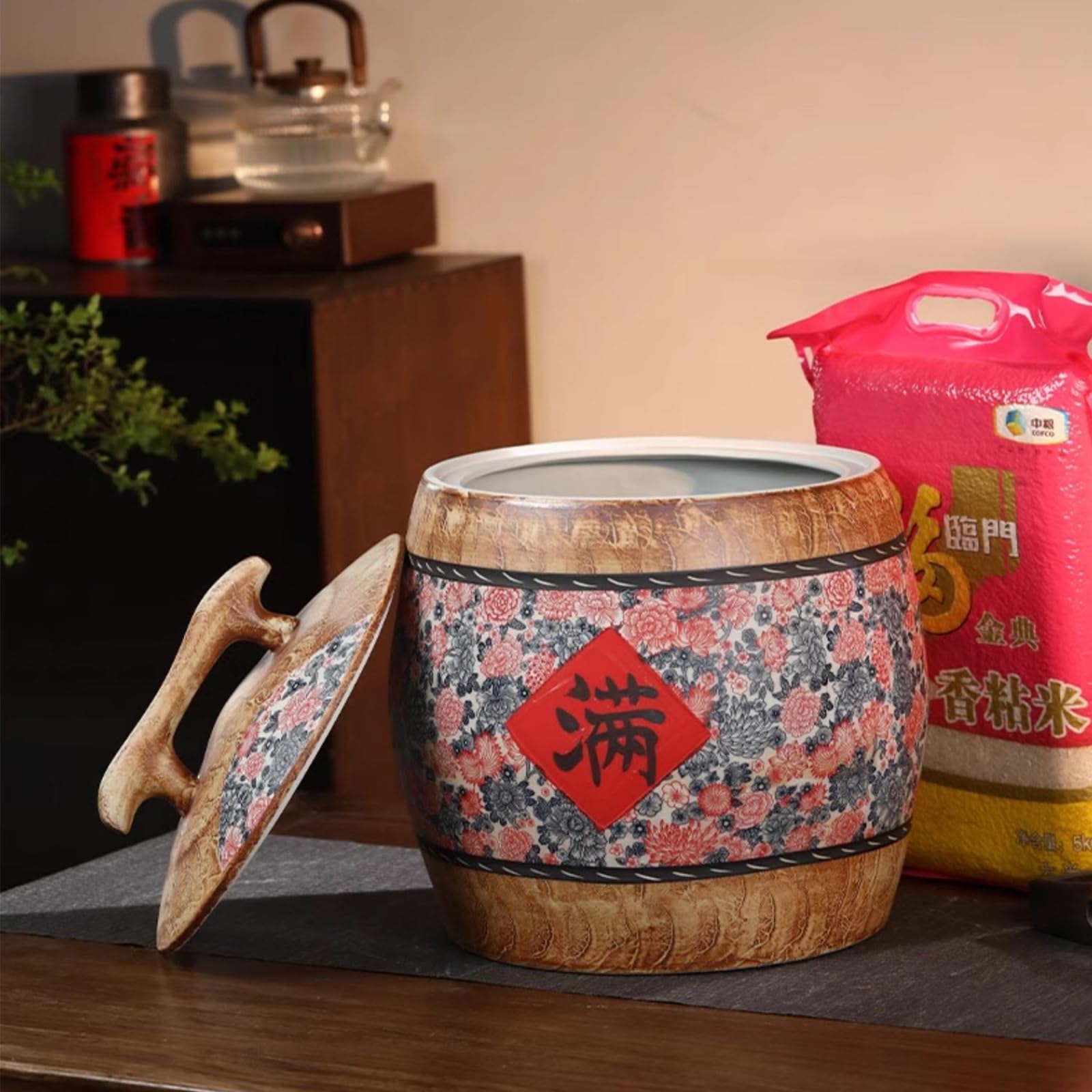 Contenitore In Ceramica Per Riso, Cilindro In Ceramica Per Riso Con Coperchio, Vasi Di Conservazione Alimentare In Stile Cinese, Distributori Di Cibo Classici, Secchio In Ceramica Per Riso(B,25KG)