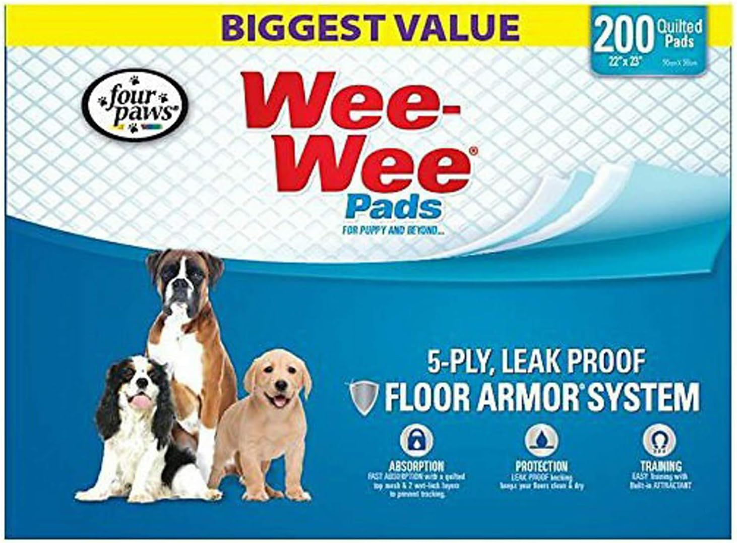 Four Paws Wee-Wee Pads for Dogs, 22x23 Inch, 200 Count, 2 Pack