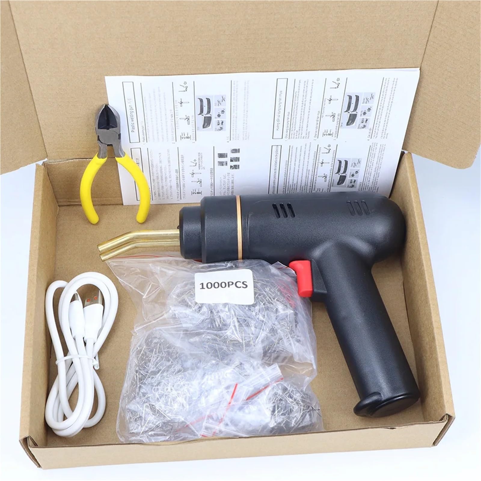 cucitrice calda Kit saldatore in plastica cordless da 200 W / 100, cucitrice a caldo 4 tipi, pistola saldatrice in ricaricabile tramite USB(200W Black (1000Pcs))
