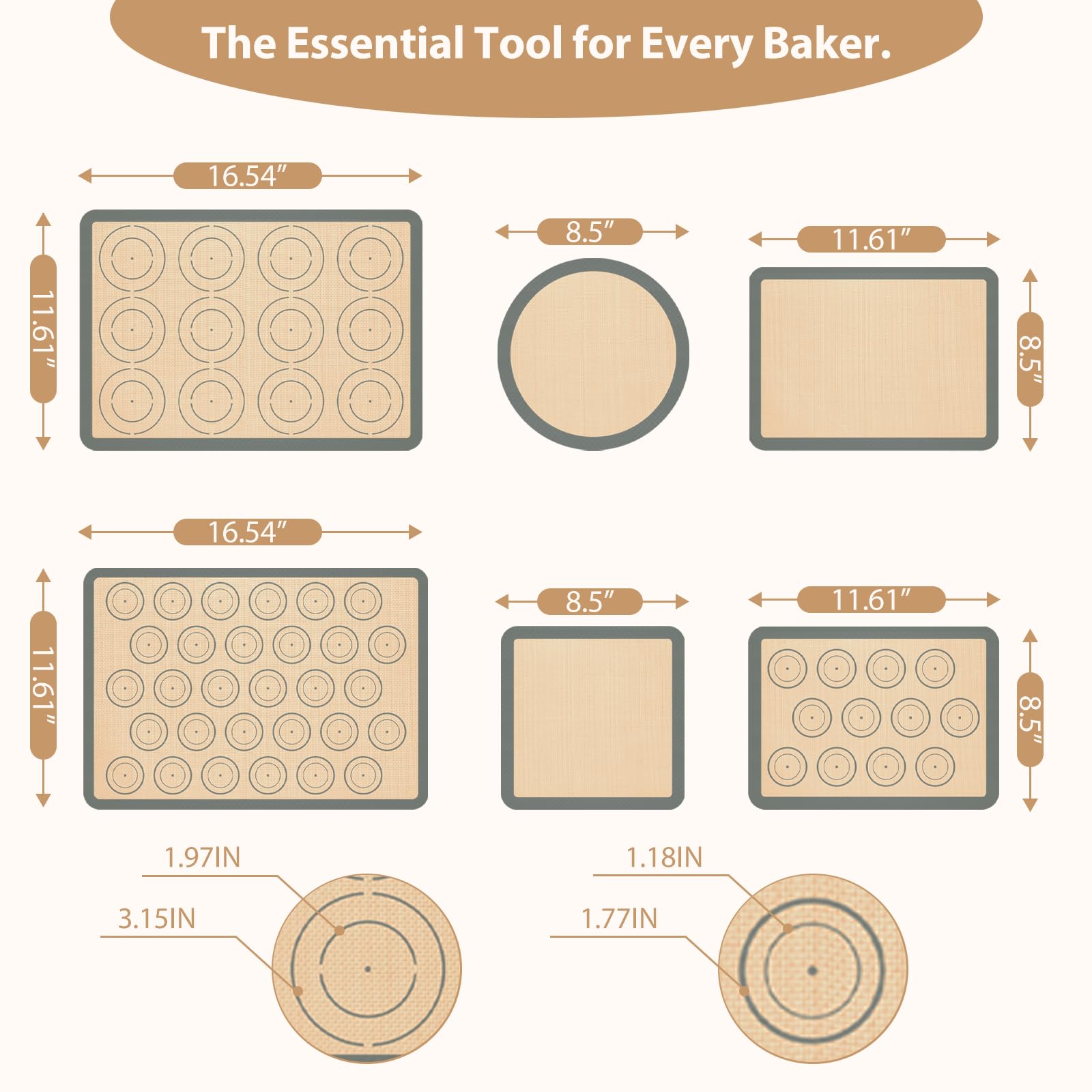 Silikon-Backmatte 6er Set, Silikonmatten zum Backen, Backbleche antihaftbeschichtet für Macaron, Kekse, Pizza, Brot und Gebäck, Backzubehör für Ofen, Lebensmittelqualität wiederverwendbar