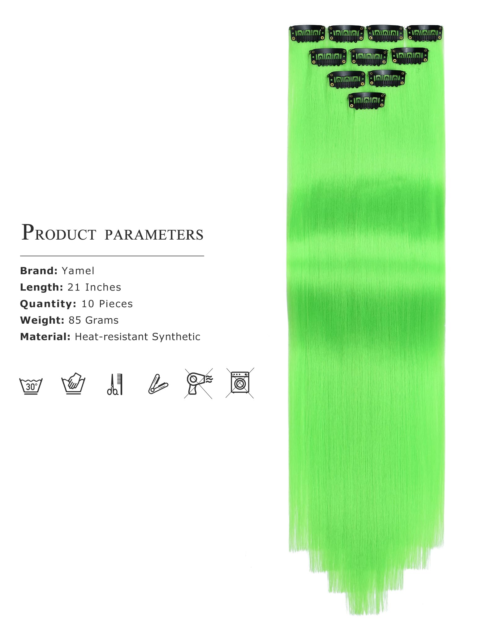 Yamel Colored Hair Extensions 10 Pieces 20 inch Grass Green Clip in Hair Extensions for Women Synthetic Straight Hairpieces for Christmas Costume Party - Image 4