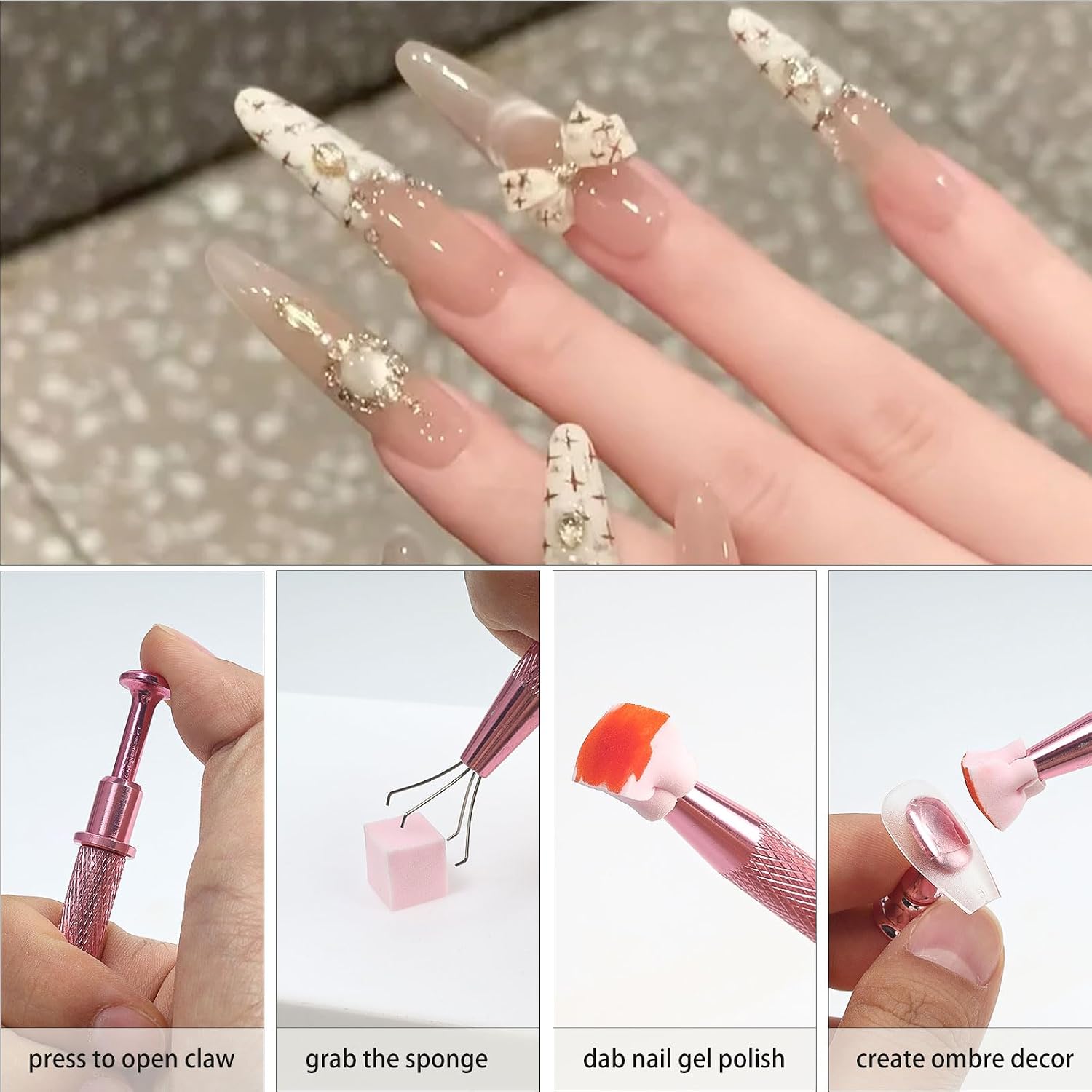 100pcs Soft Nail Sponges for Ombre, Pink Nail Art Sponges with 1pcs Grabbing Pen, Ombre Nail Sponge for Nails, DIY Nail Design Accessories for Salon & Home Use (Pink kits)