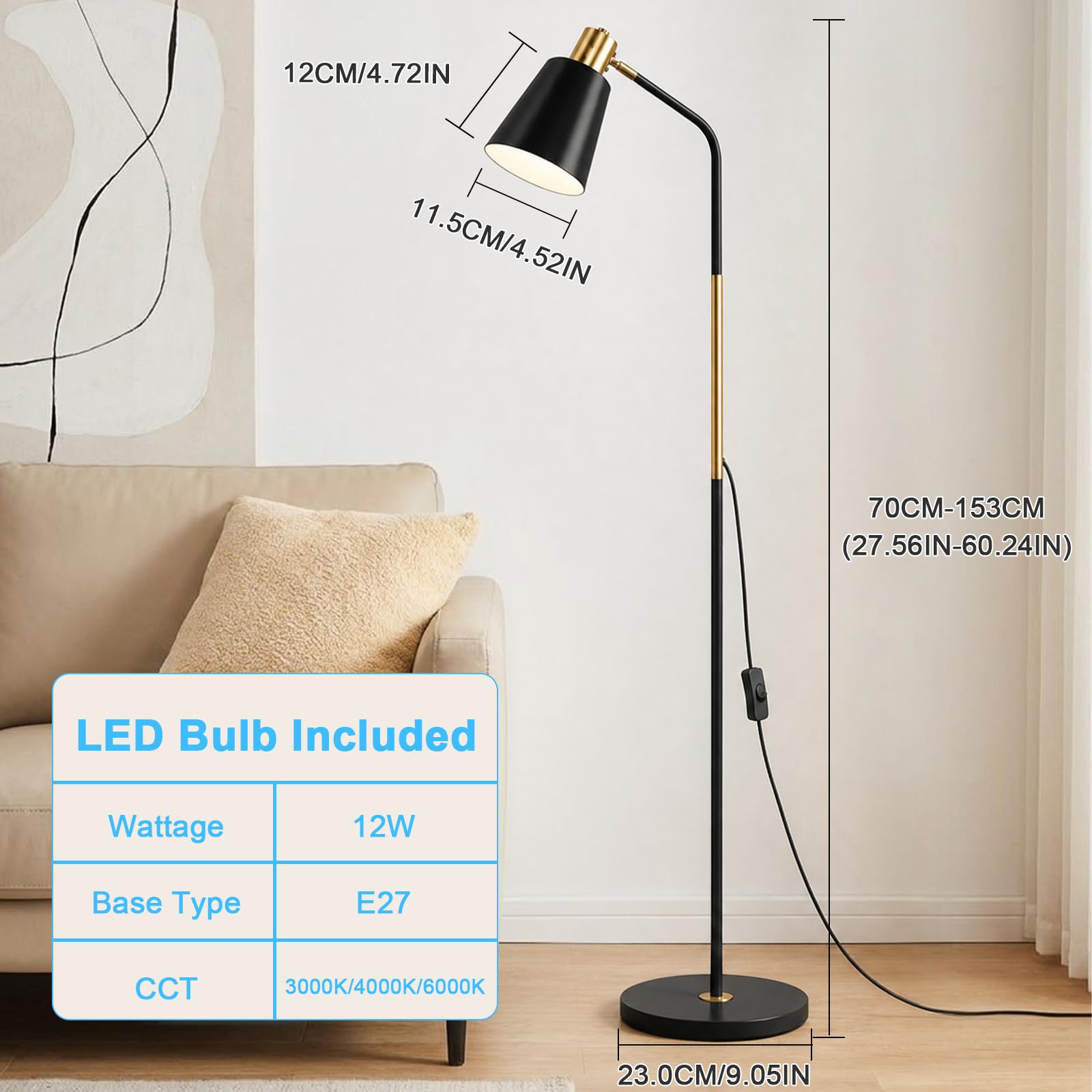Lampada da Terra ad Arco E27 Regolabile Testa Orientabile, Nero | 153 cm, black metal, 180° swivel head, living room office room