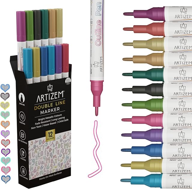 Outline Pens Special Metallic Glitter Markers Creating Colour Dual Lines For Writing Drawing Doodle Dazzle for Christmas Card Writing, Birthday Greeting, Scrap Booking, DIY Art And Craft By ARTIZEM