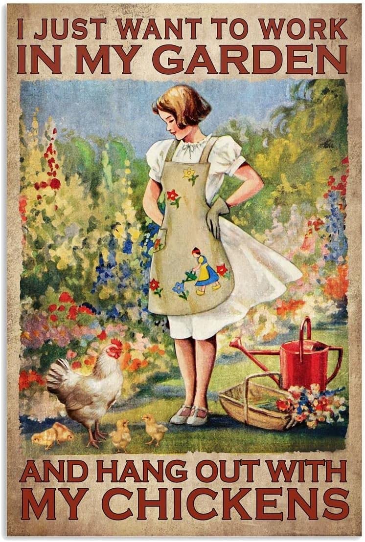 Retro Style Metal Sign Gardening And Chicken I Just Want To Work In My Garden And Hang Out With My Chickens Metal Funny Retro Mural Vintage Metal Sign Poster 8X12 Inches