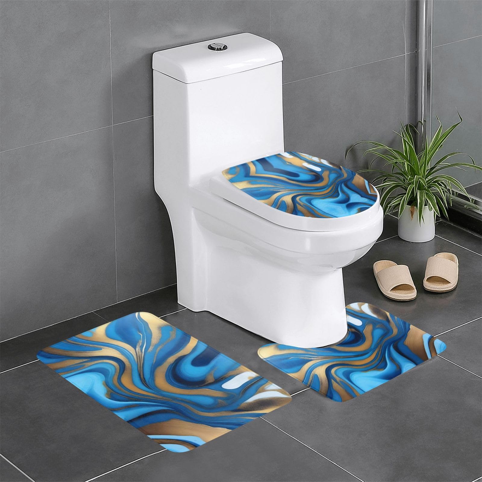 Tapis de salle de bain bleu et doré pour meuble-lavabo et WC