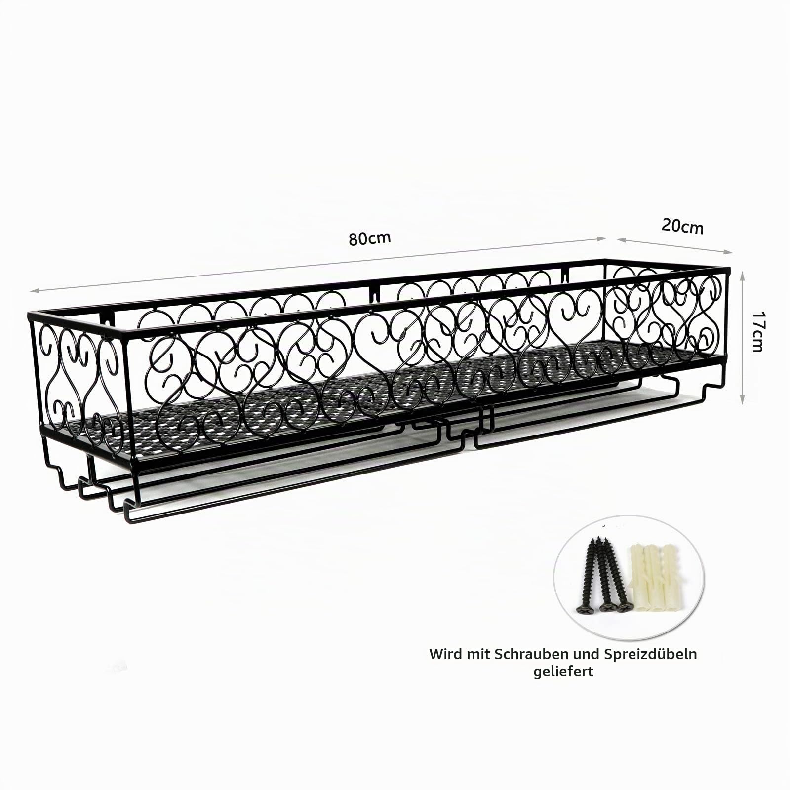 W-612 Metall Schwarz Wandbehang montiert Wein Champagnerglas Kelche Stielgläser Rack Halter, 80 x 20 cm Fass bis zu 18 Flaschen Wein und 18 Tassen Gläser