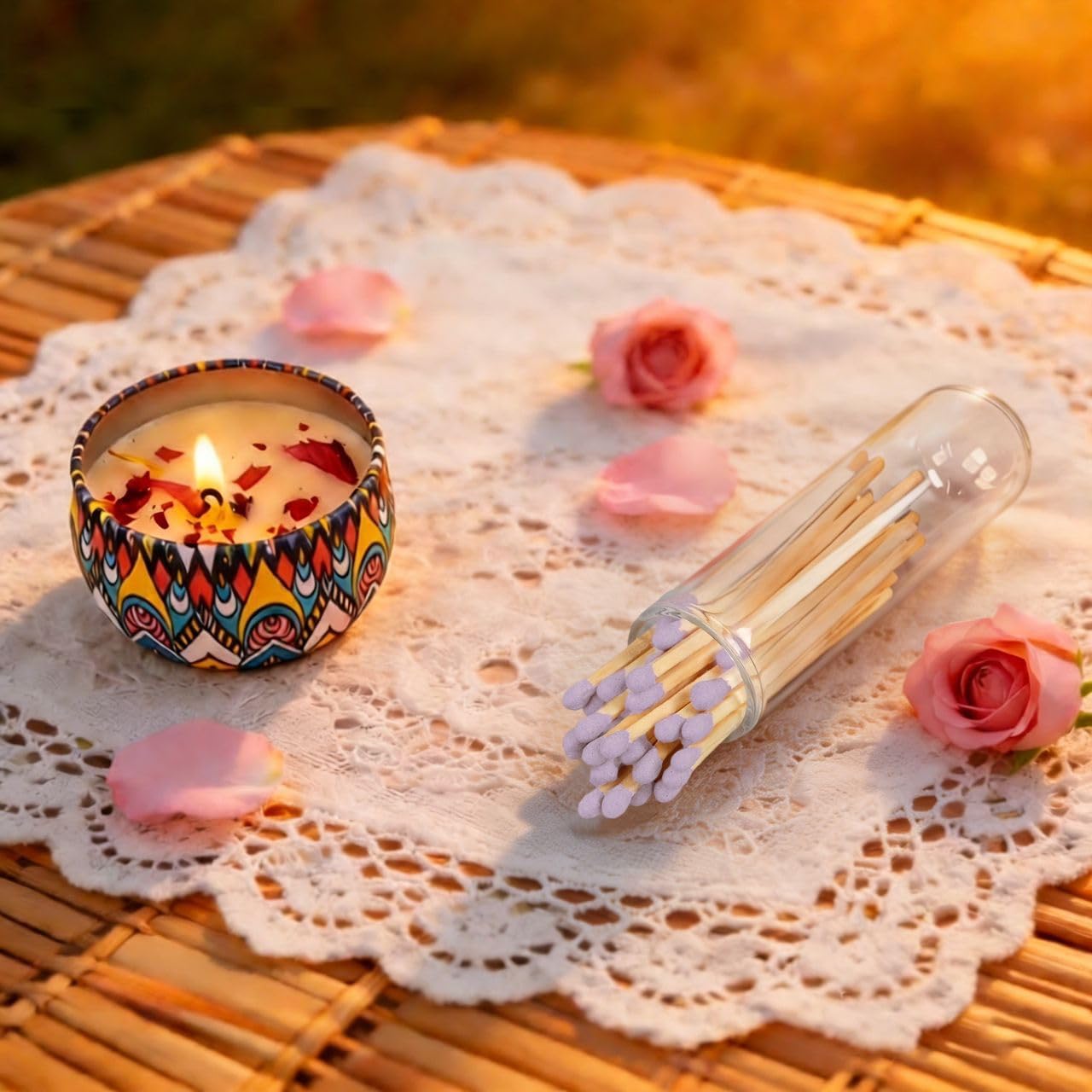 Meya Decorative Glass Match Set with Cork Lid – 4-Inch Long Matches for Candles, Luxury Scented Candle, Elegant Home Decor, Housewarming, Wedding & Birthday Gift, Premium Gift Set (purple)