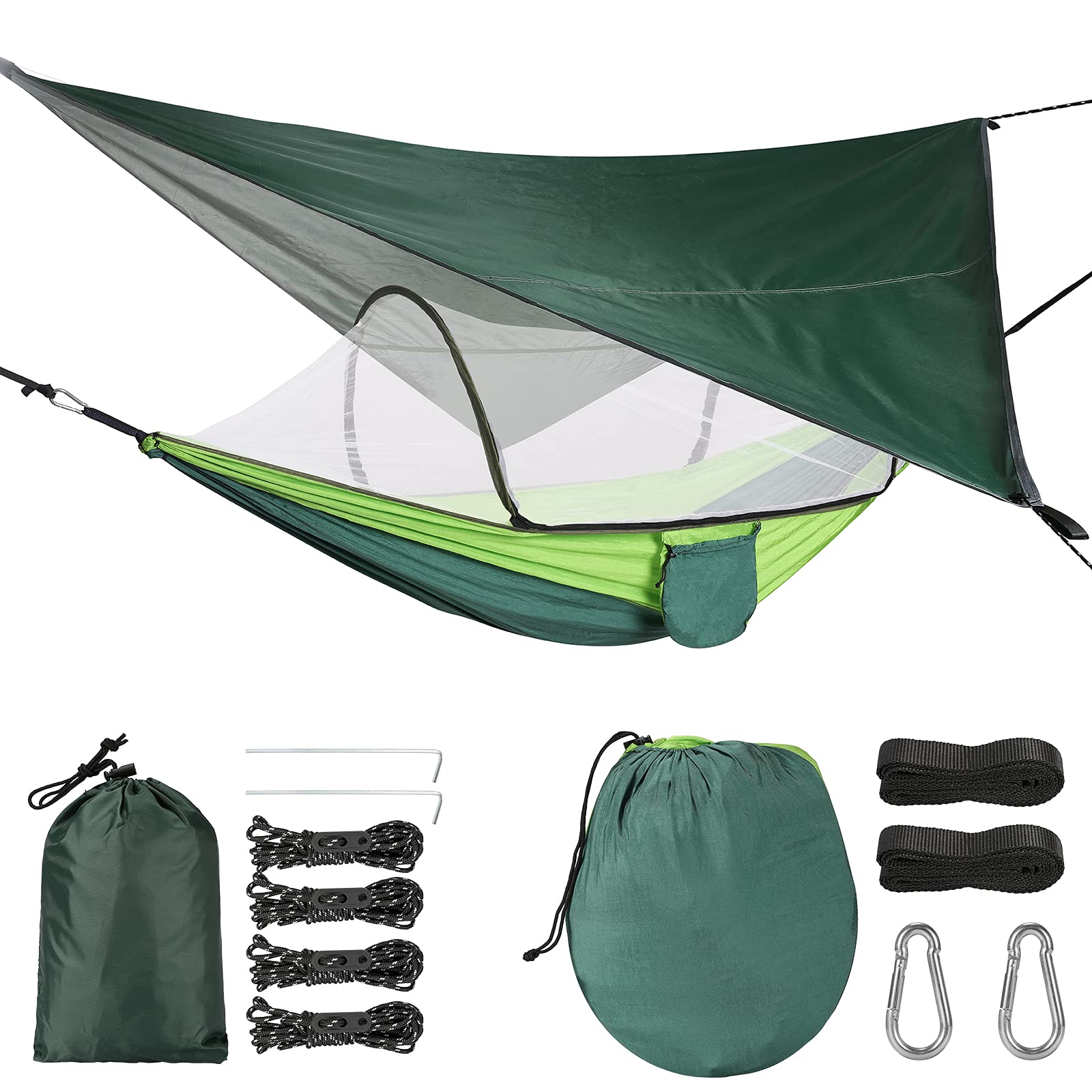 Keldoner Camping Hammock - Travel Hammock with Mosquito Net and Rain Fly, Portable Nylon Parachute Hammock Tent, Double Hammock for Backpacking, Travel, Beach, Backyard, Patio, Hiking (Green)