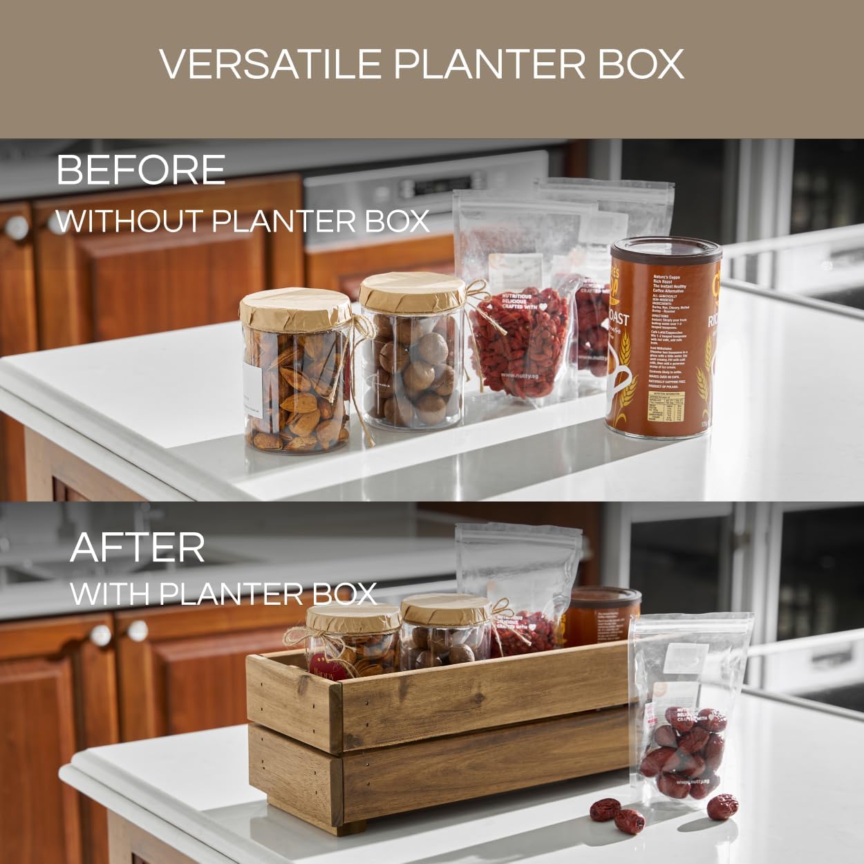 Premium Wooden Planter Box, Storage Box 17" L x6 W x5.5 H with Crate Style, Acacia Wood Flower Container, Rustic Rectangle Planter for Planting, Decor and Storage - 3 Colors (Golden Walnut)