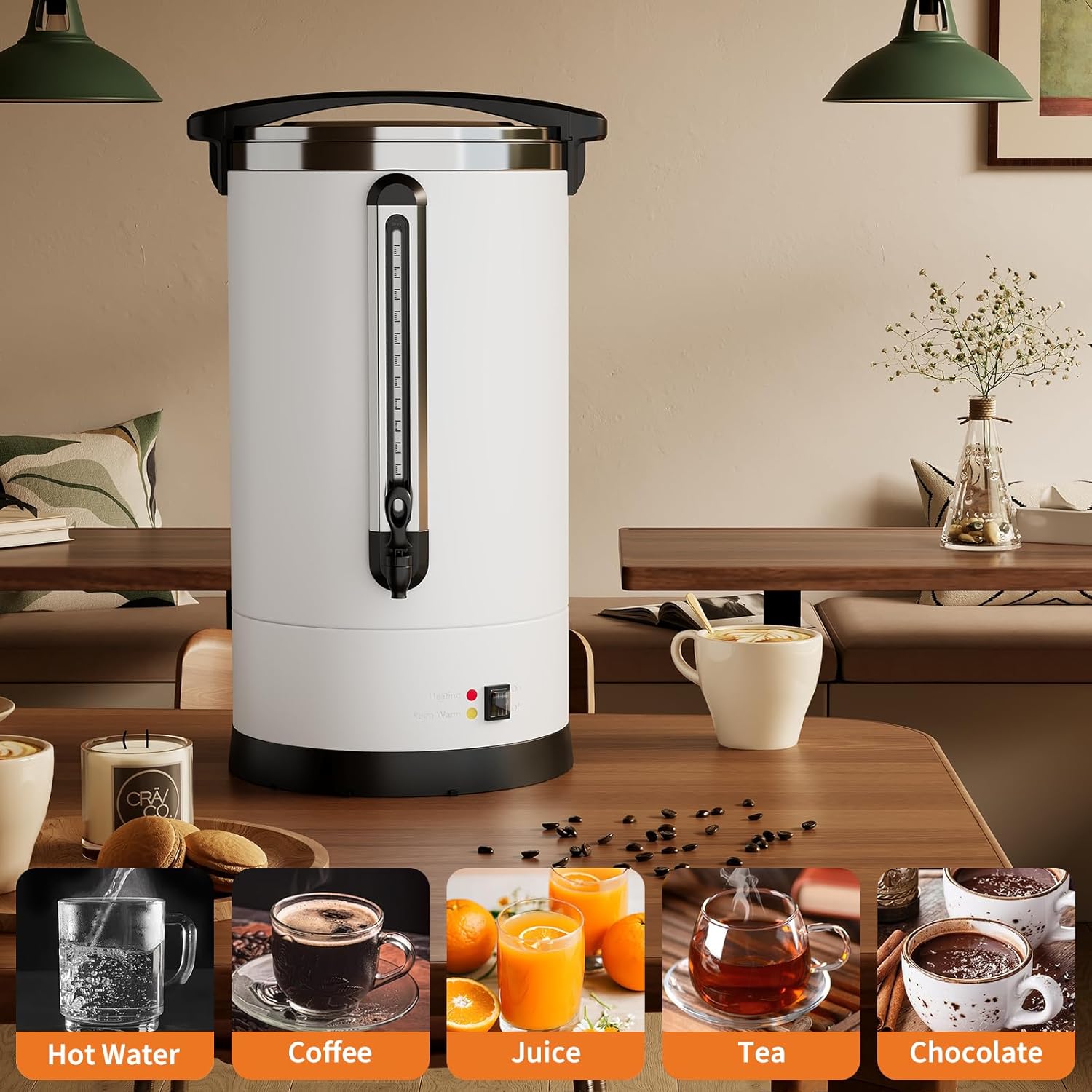 TROPOW 18 L/100 Cups Coffee Urn-4.8 gal Double Wall Commerical Coffee Maker for Buffet Catering Wedding Gathering,Large Capacity Hot Coffee Dispenser,Stainless Steel Hot Water Urn-White