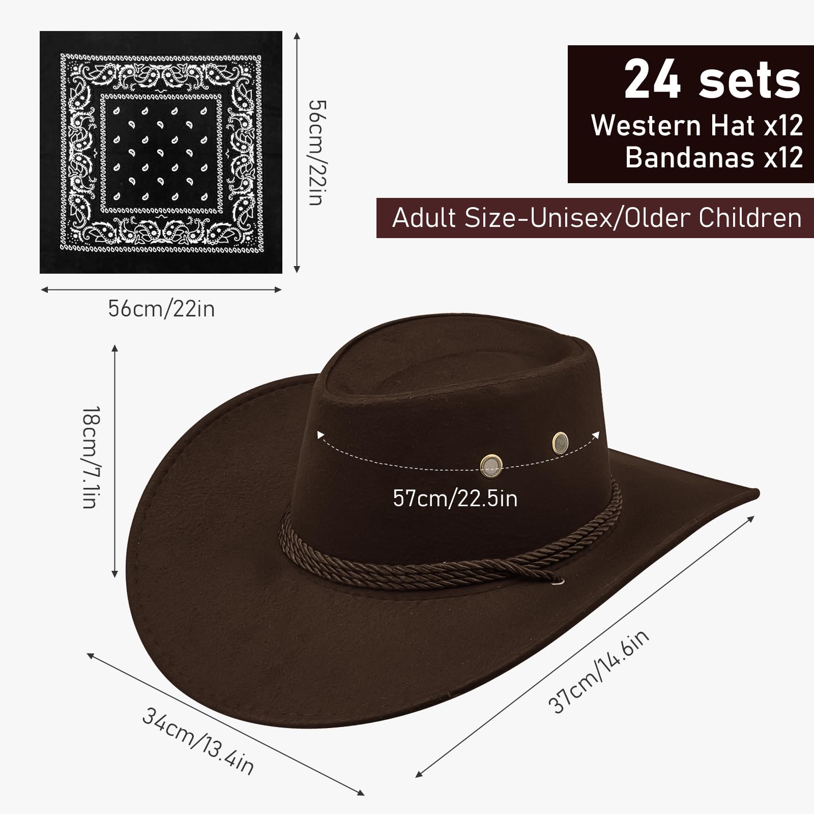 LYCN 24 Stück Cowboyhüte Set – Westernhut mit breiter Krempe aus Wildlederimitat, braune Cowboyhüte mit 12 Bandanas und Verstellbarer Kordel für Männer und Frauen, Kostümparty Zubehör