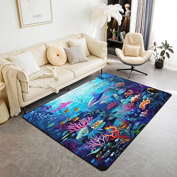 Feelyou Kids Shark Area Rug 3x5 Ocean Sea Animal Living Room Rugs for Boys Girls Sea Underwater World Decorative Carpet Set Coral Coralline Indoor Floor Mat
