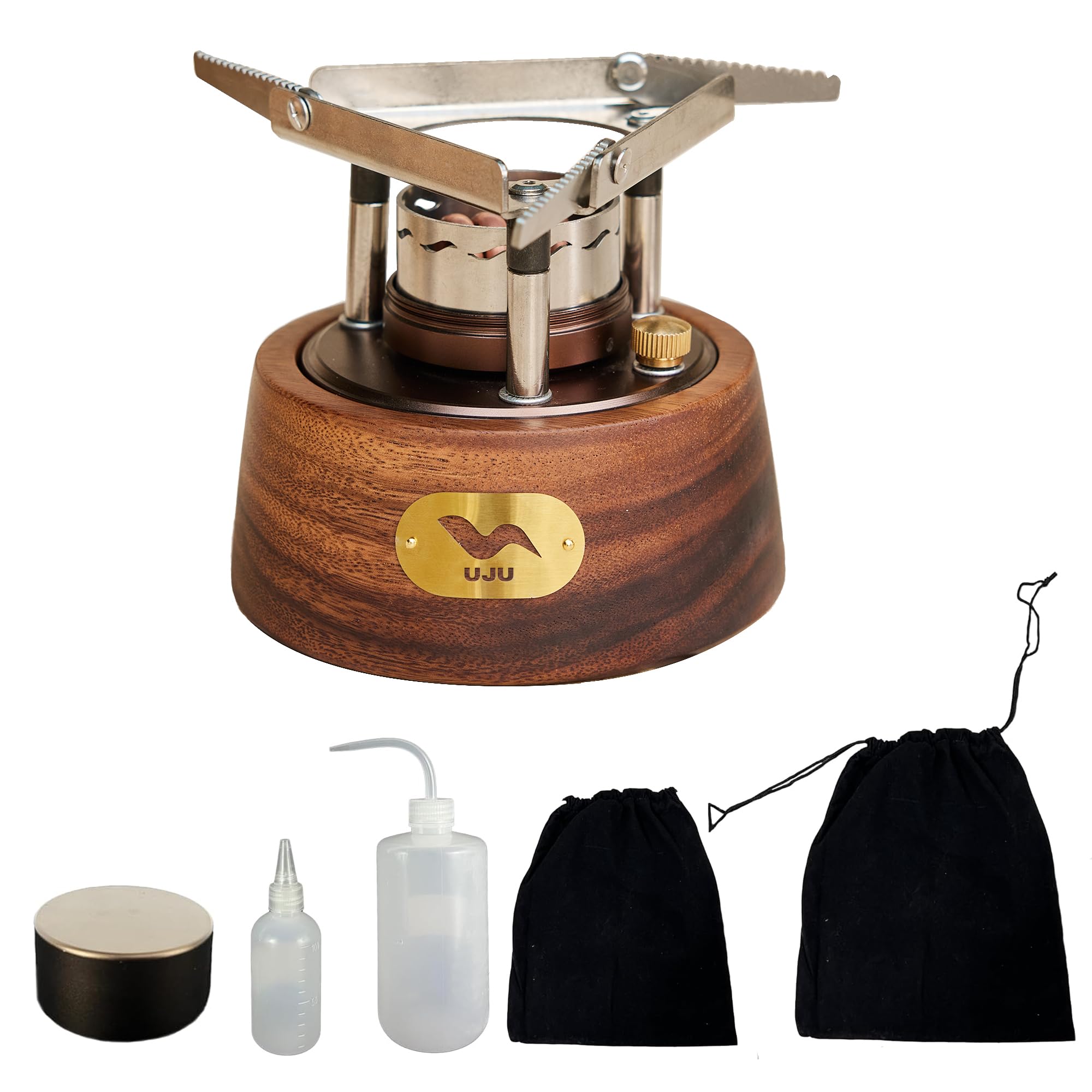 UJU Portable Alcohol Stove Set, Wind-Resistant Camping Cooking Stove with Windscreen, for Hiking, Trekking, Fishing & Outdoor Camping, Includes Wooden