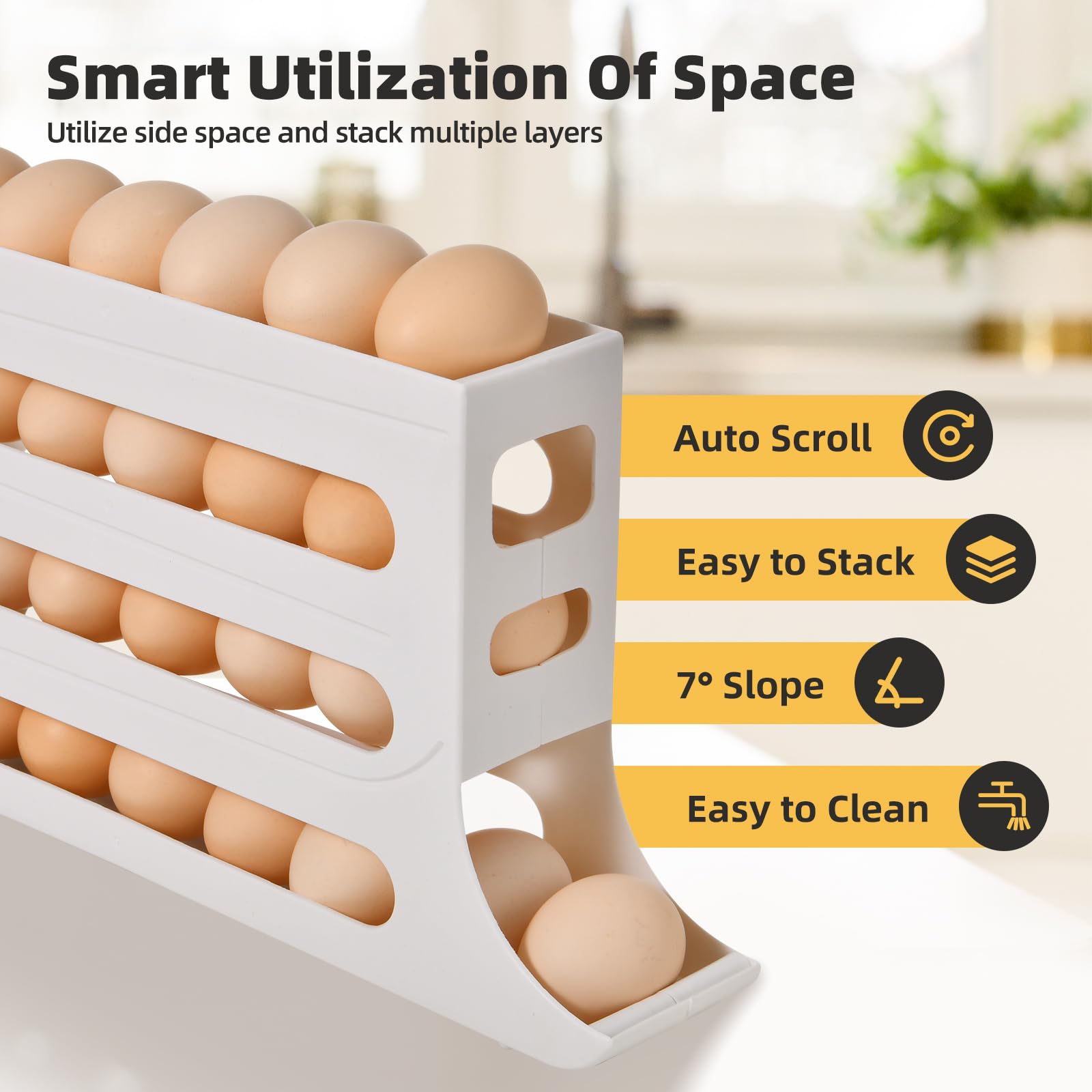 Soporte para 30 huevos para refrigerador, organizador de huevos con ruedas automáticas de 4 niveles para refrigerador, organizadores de refrigerador y almacenamiento (blanco) 5