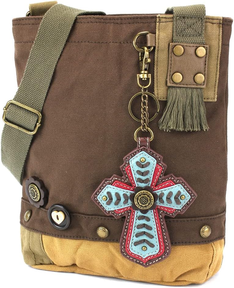 CHALA Patch Cross-Body Women Handbag, Canvas Messenger Bag - Chevron Cross - Dark Brown