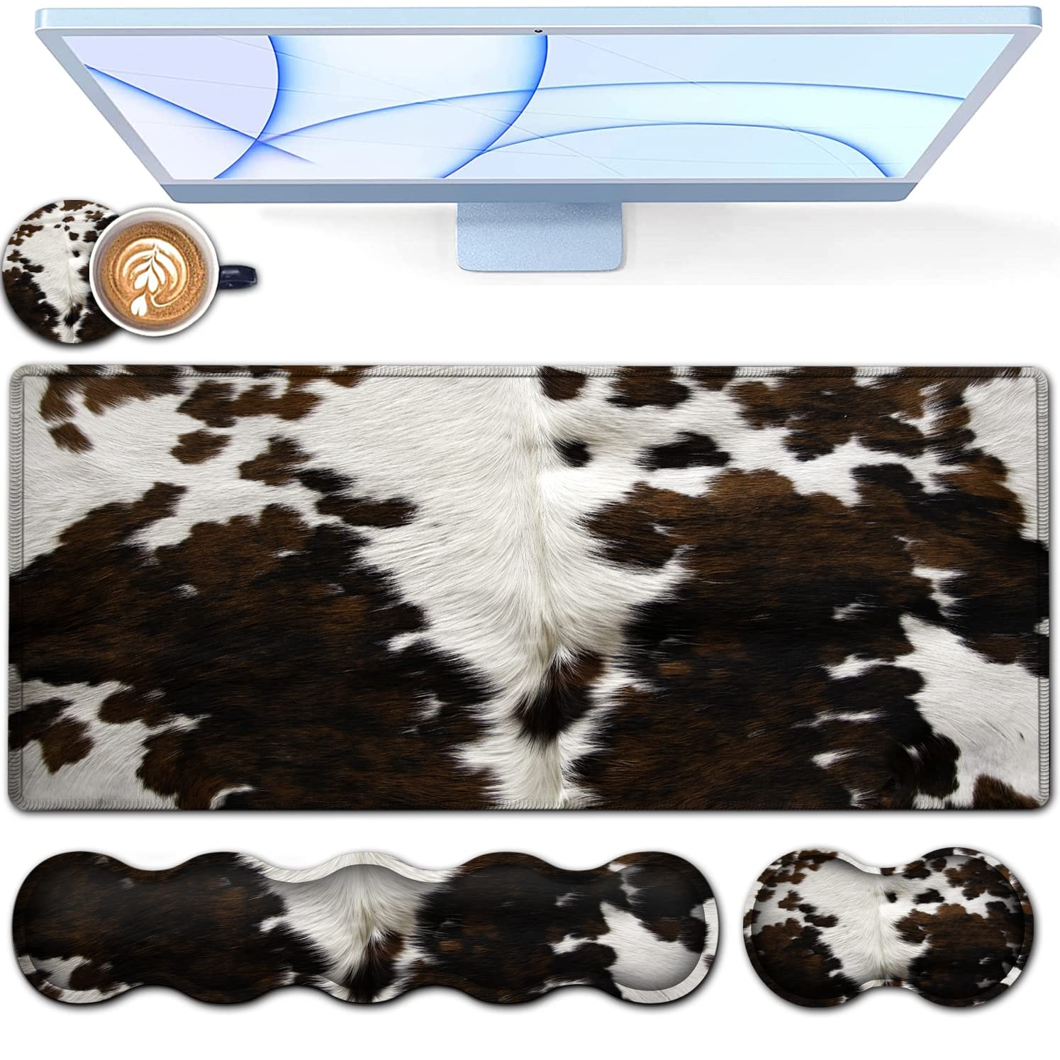 Almohadilla de escritorio, juego de alfombrilla de mouse para teclado, alfombrilla de mouse extendida para juegos + soporte ergonómico de espuma viscoelástica para reposamuñecas, alfombrilla de mouse