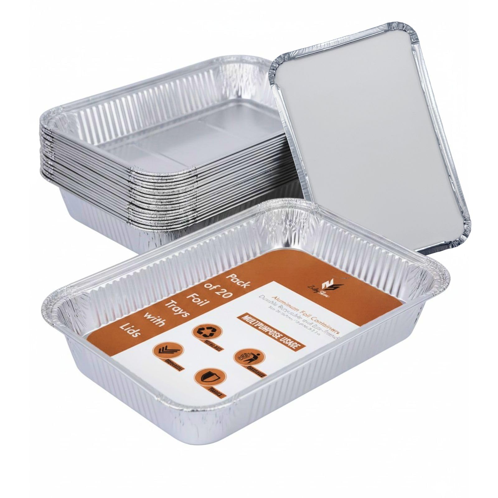 ZubyShax 20 Pack Large Aluminium Foil Trays -(32 * 21 * 5.5cm)/2300ml Tin Foil Trays with Lids for Oven use, Food Storage,BBQ,Roasting and Baking
