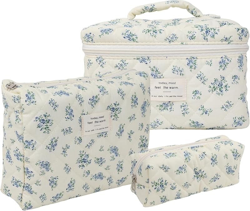 YINGJEE Conjunto com 3 necessaires de maquiagem acolchoadas de algodão, estampa floral azul e verde, modelo HZB006