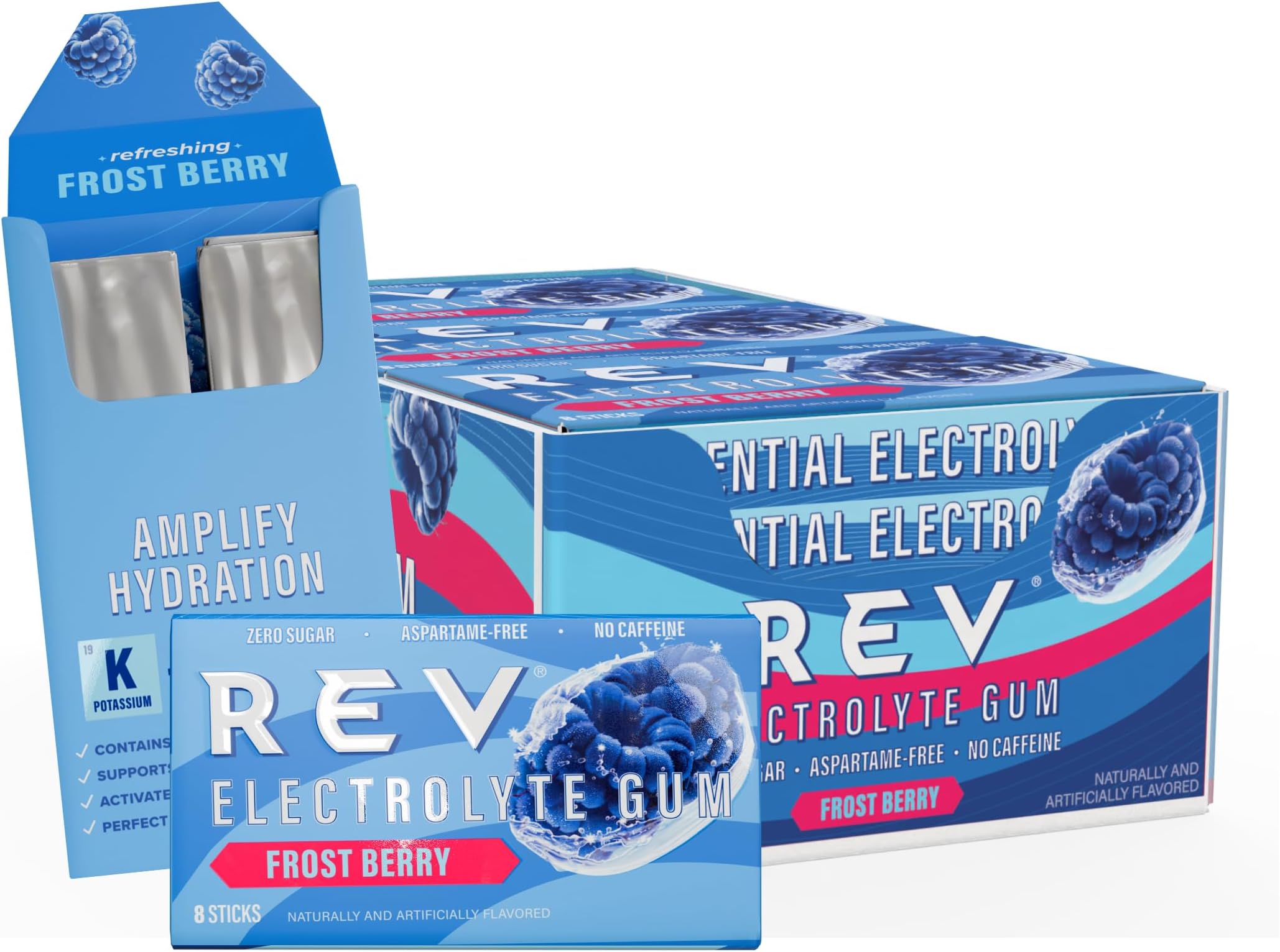 REV Electrolyte Gum, Frost Berry, Sugar-Free with Essential Electrolytes,12 Count (12 Pack, Frost Berry)
