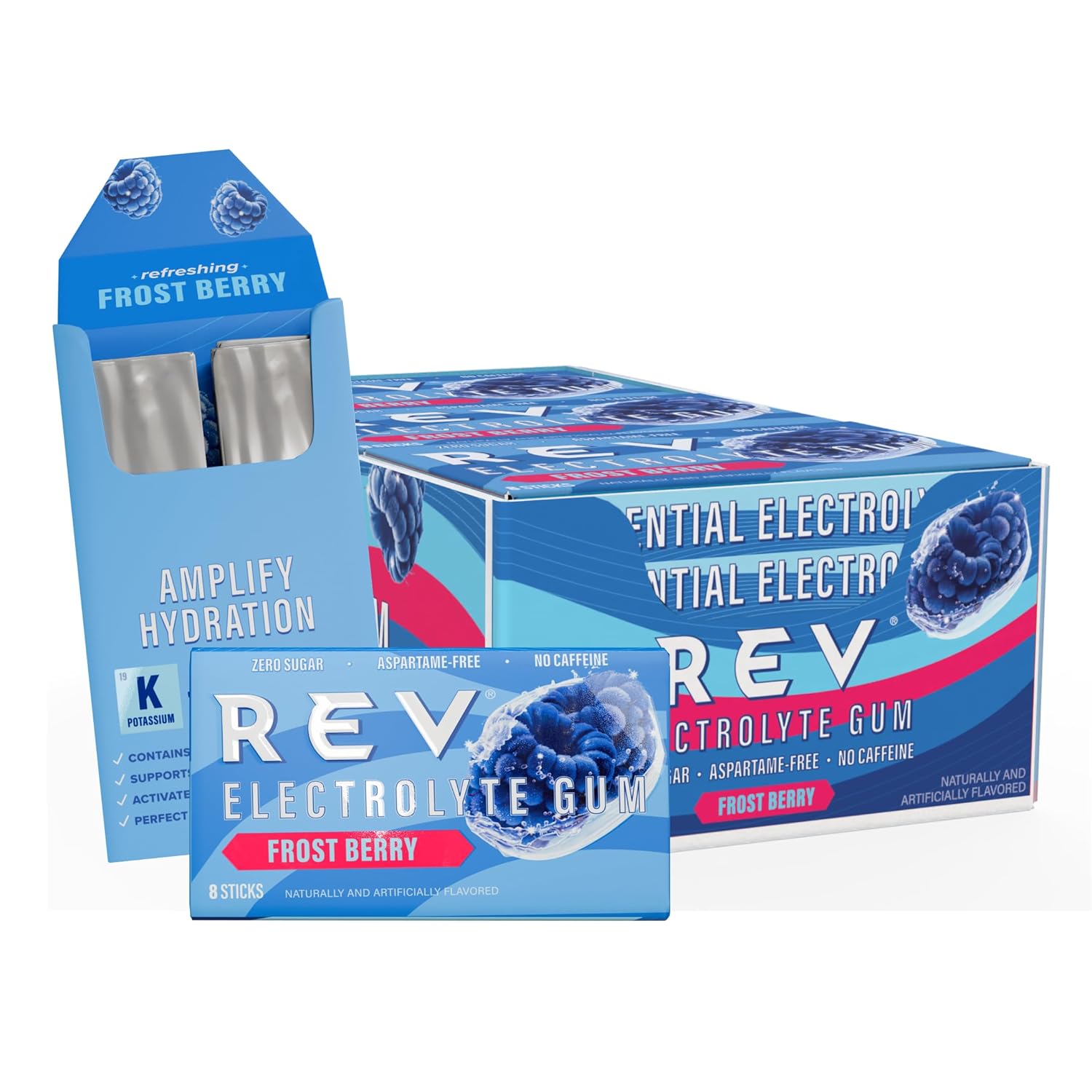 REV Electrolyte Gum, Frost Berry, Sugar-Free with Essential Electrolytes,12 Count (12 Pack, Frost Berry)