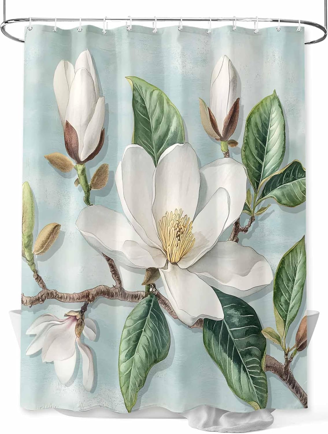Flowers Shower Curtain Spring White Magnolia Branch Teal Background Shower Curtains for Bathroom Polyester Waterproof Fabric Cloth Bath Curtains with Hooks Home Bathtub Decor 48x72 Inch