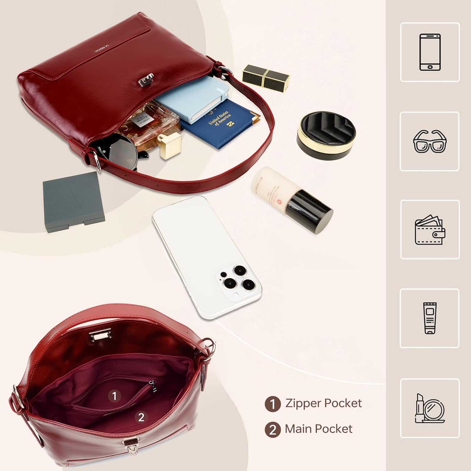 LA FESTIN Genuine Leather Top-Handle Bag for Women Small Designer Crossbody Purse Hobo Shoulder Bag with Adjustable Strap - Image 4